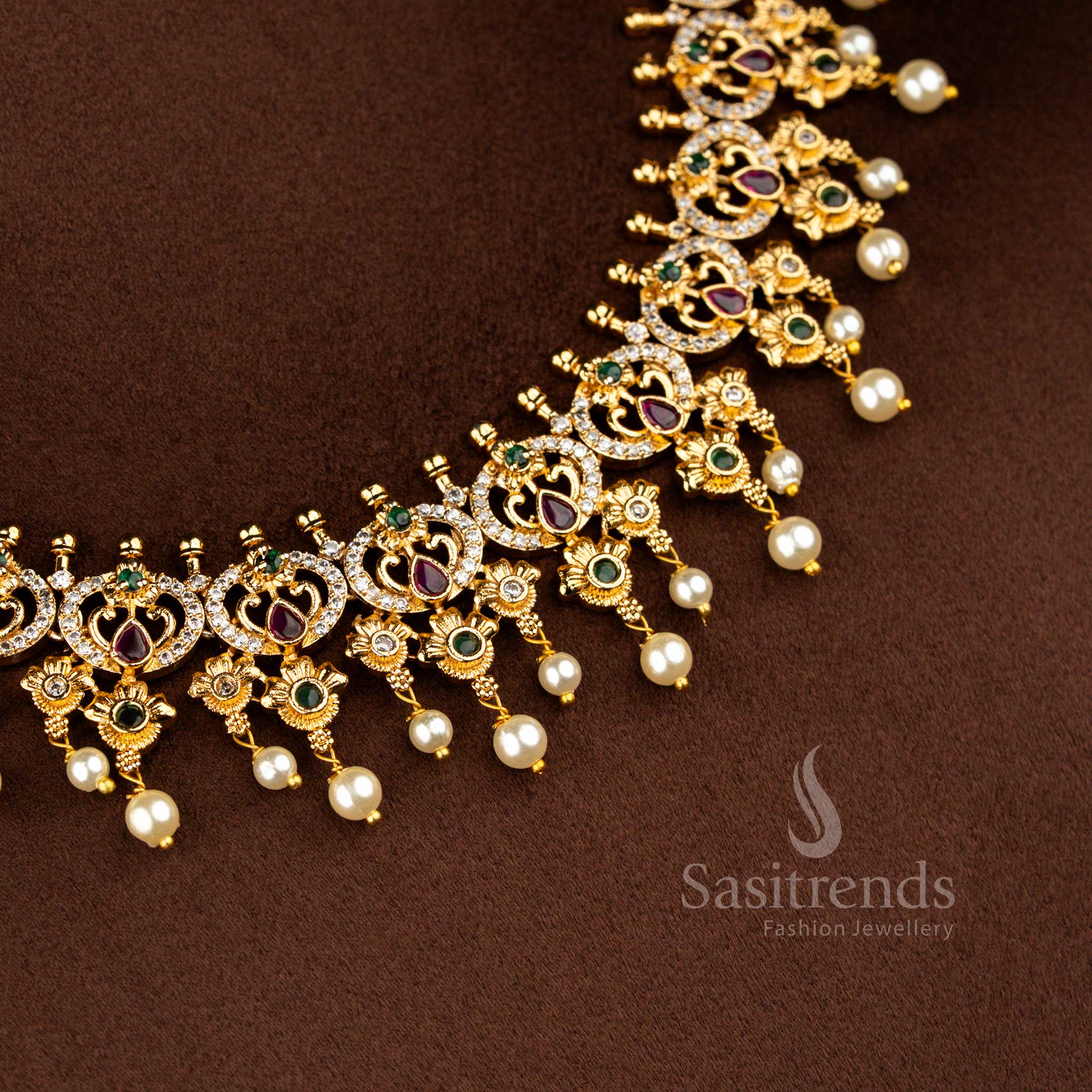 Grand Collection of Temple Matte Gold Plated AD Stone Studded Short and Long Necklace Jewellery Sets for Wedding and Bridal Wear - Image 26