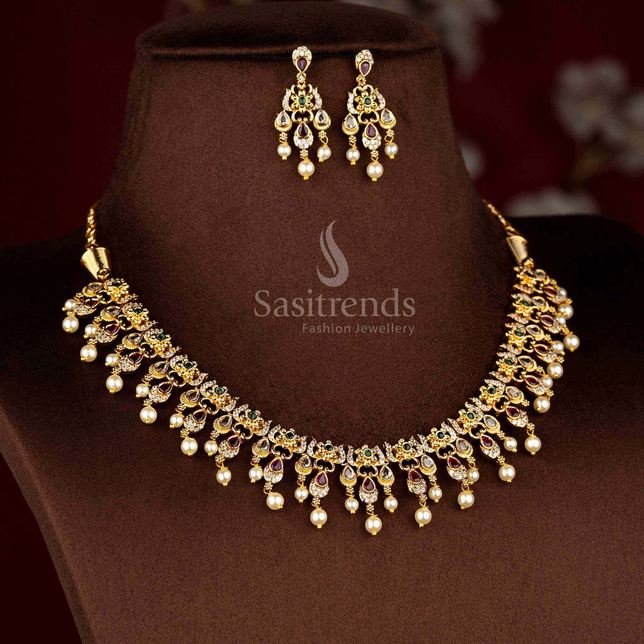 Grand Collection of Temple Matte Gold Plated AD Stone Studded Short and Long Necklace Jewellery Sets for Wedding and Bridal Wear - Image 3