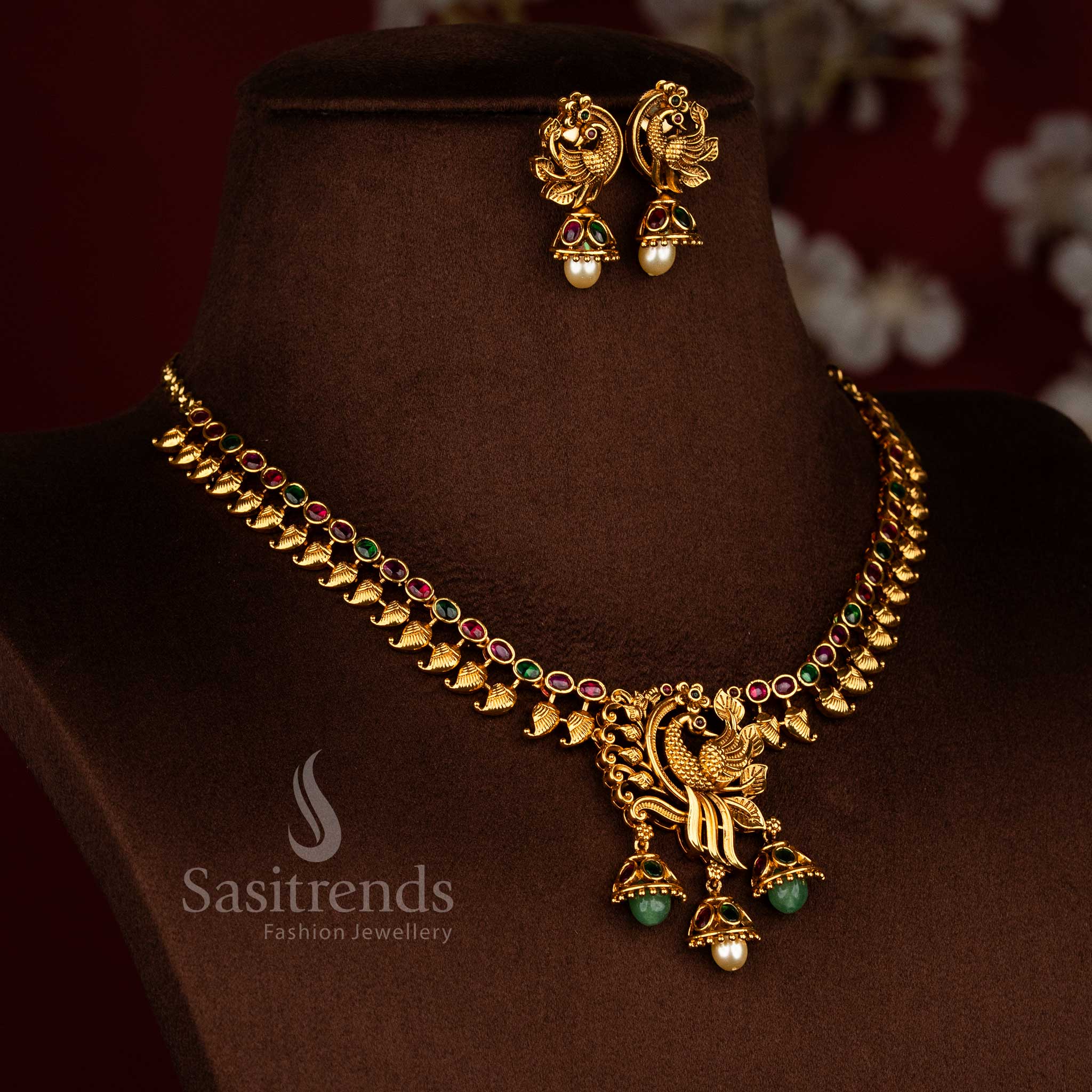 Royal Matte Gold Plated Peacock Leaf Motif Necklace Jewellery Set with Pearl and Green Bead Drops | Temple & Wedding wear