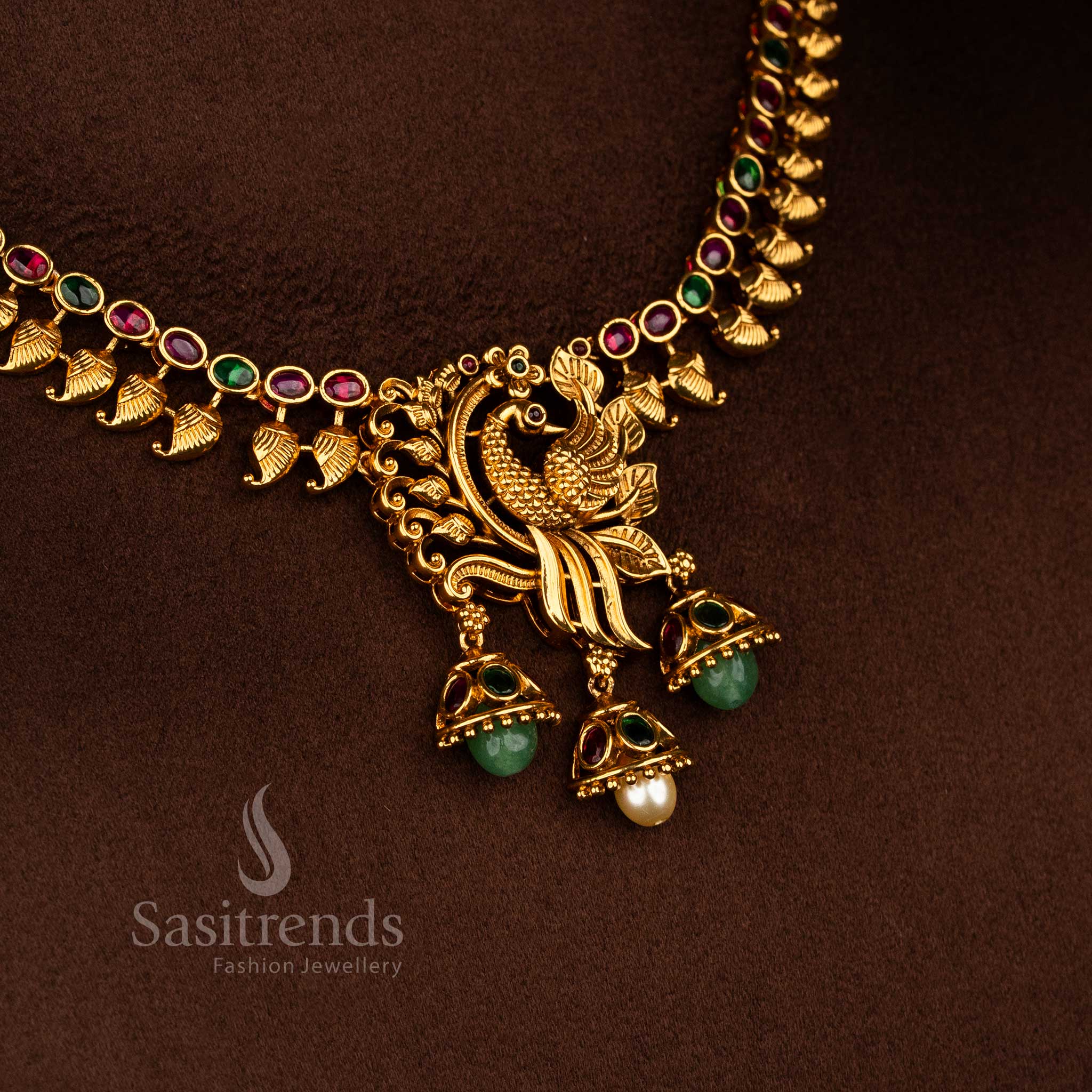Royal Matte Gold Plated Peacock Leaf Motif Necklace Jewellery Set with Pearl and Green Bead Drops | Temple & Wedding wear - Image 2
