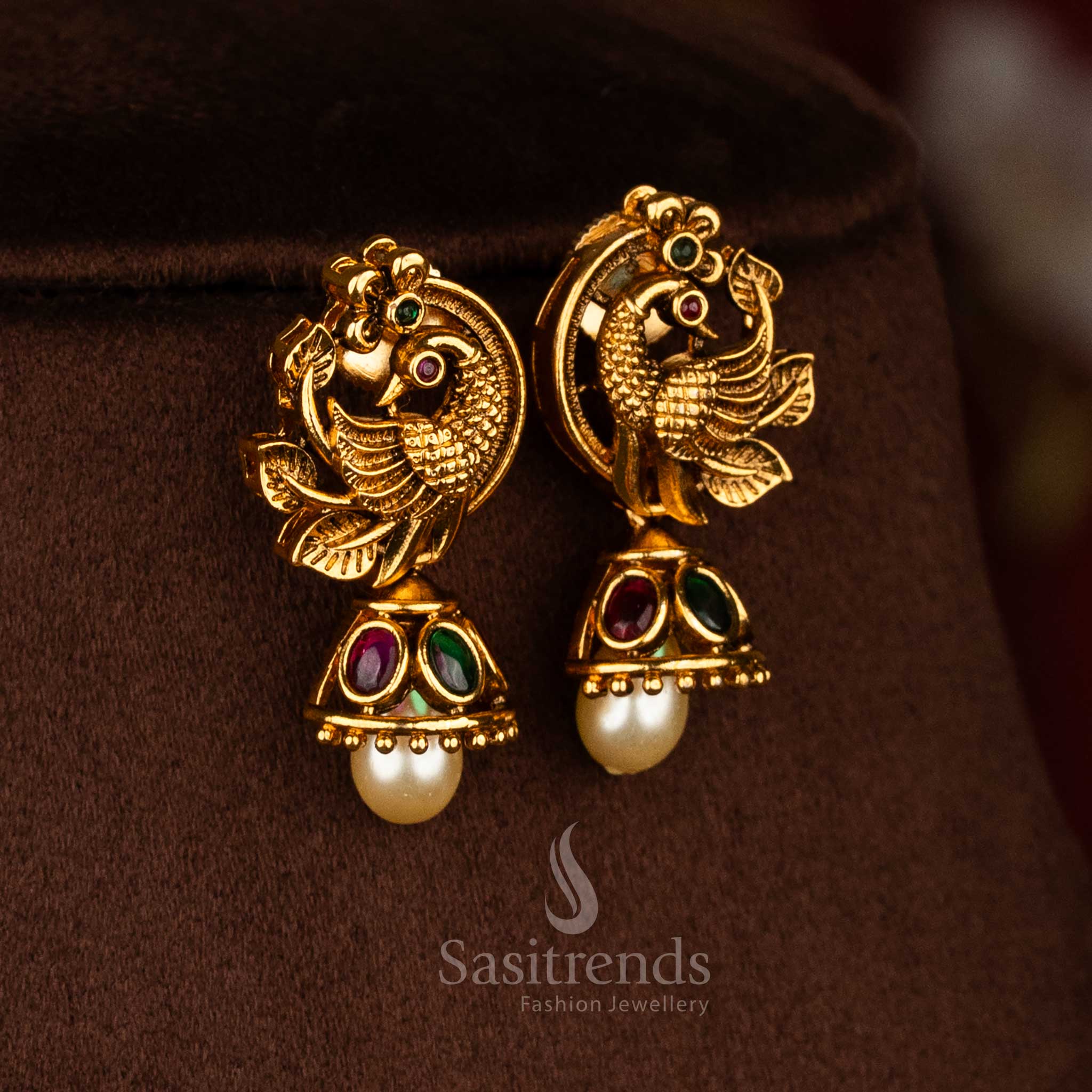 Royal Matte Gold Plated Peacock Leaf Motif Necklace Jewellery Set with Pearl and Green Bead Drops | Temple & Wedding wear - Image 3