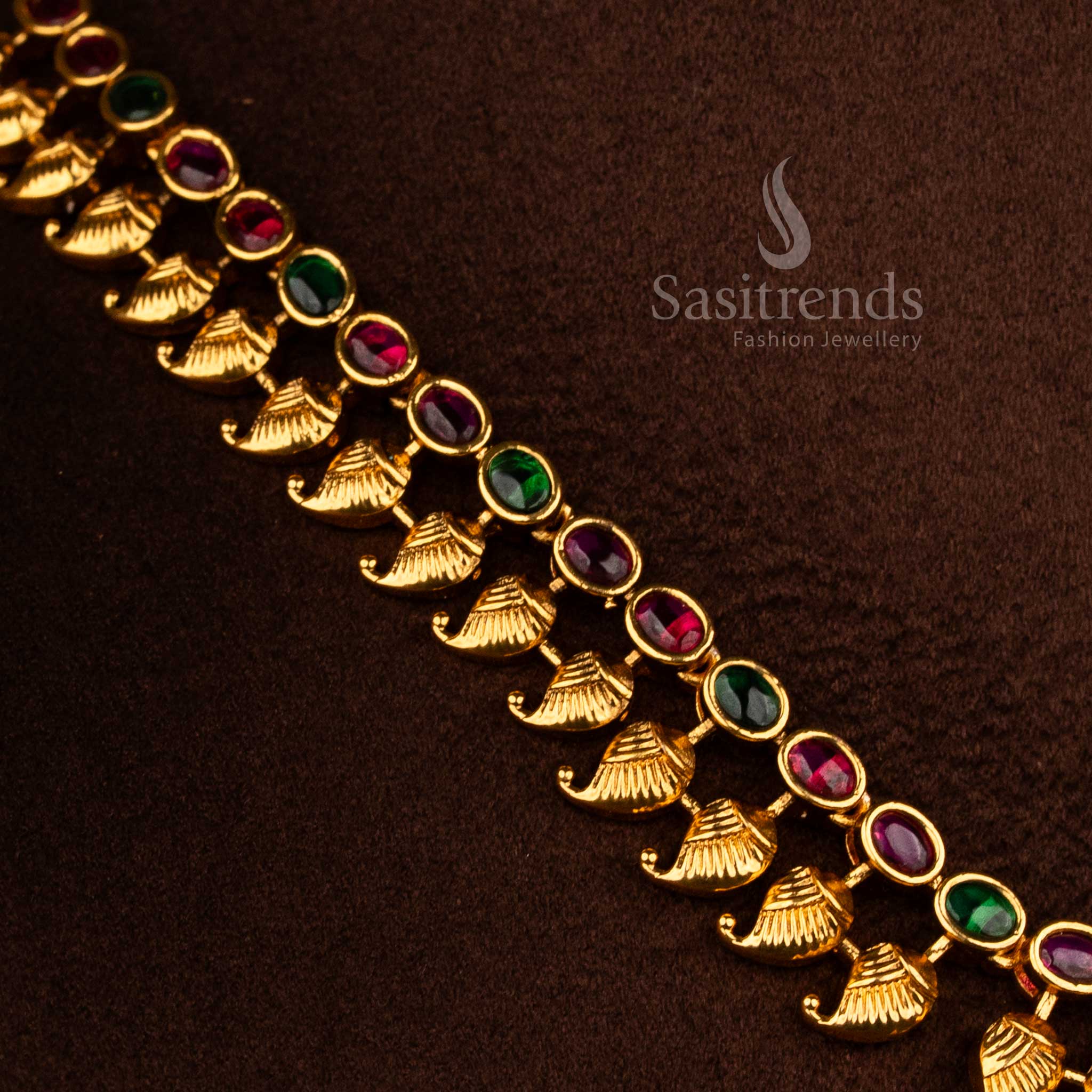 Royal Matte Gold Plated Peacock Leaf Motif Necklace Jewellery Set with Pearl and Green Bead Drops | Temple & Wedding wear - Image 4