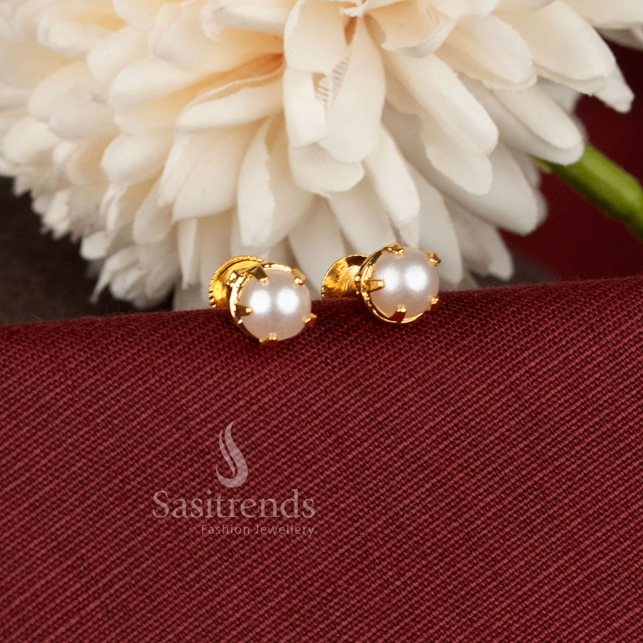 One Gram Micro Gold Plated Radiant Round Stone & Pearl Screw Back Stud Earrings - Sasitrends - Image 2