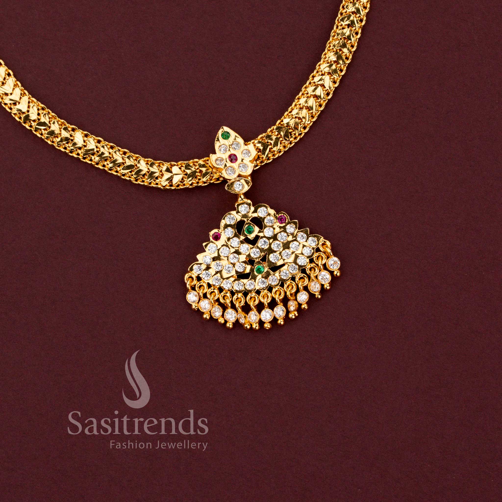 Impon Micro Gold Plated Traditional Gati Necklace with Curved AD Stone Pendant | Premium 1 Gram 24K Gold Look Jewellery - Image 2