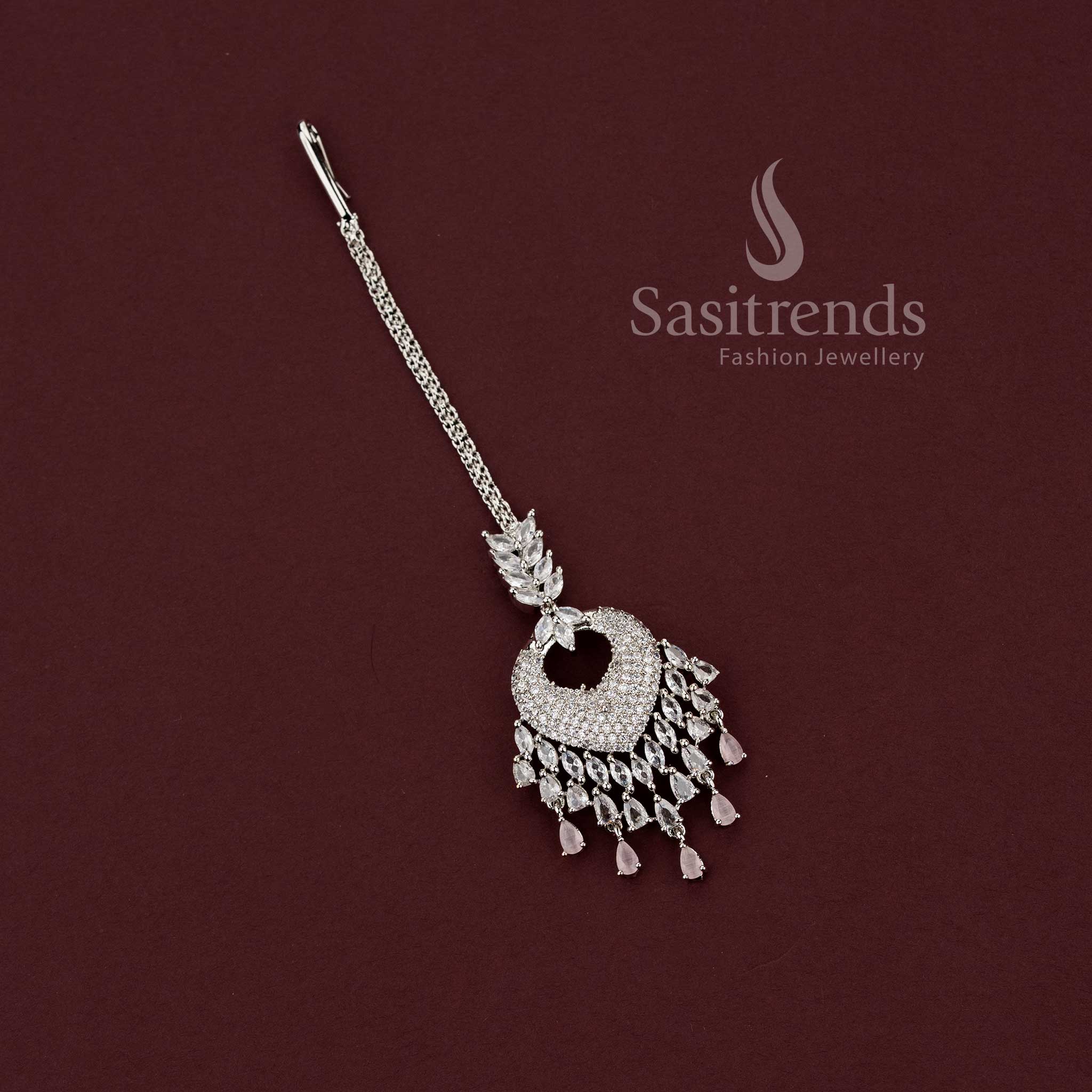 Elegant Rhodium Silver Plated American Diamond Tikka with Dangling Drops – Party Wear Design - Image 15