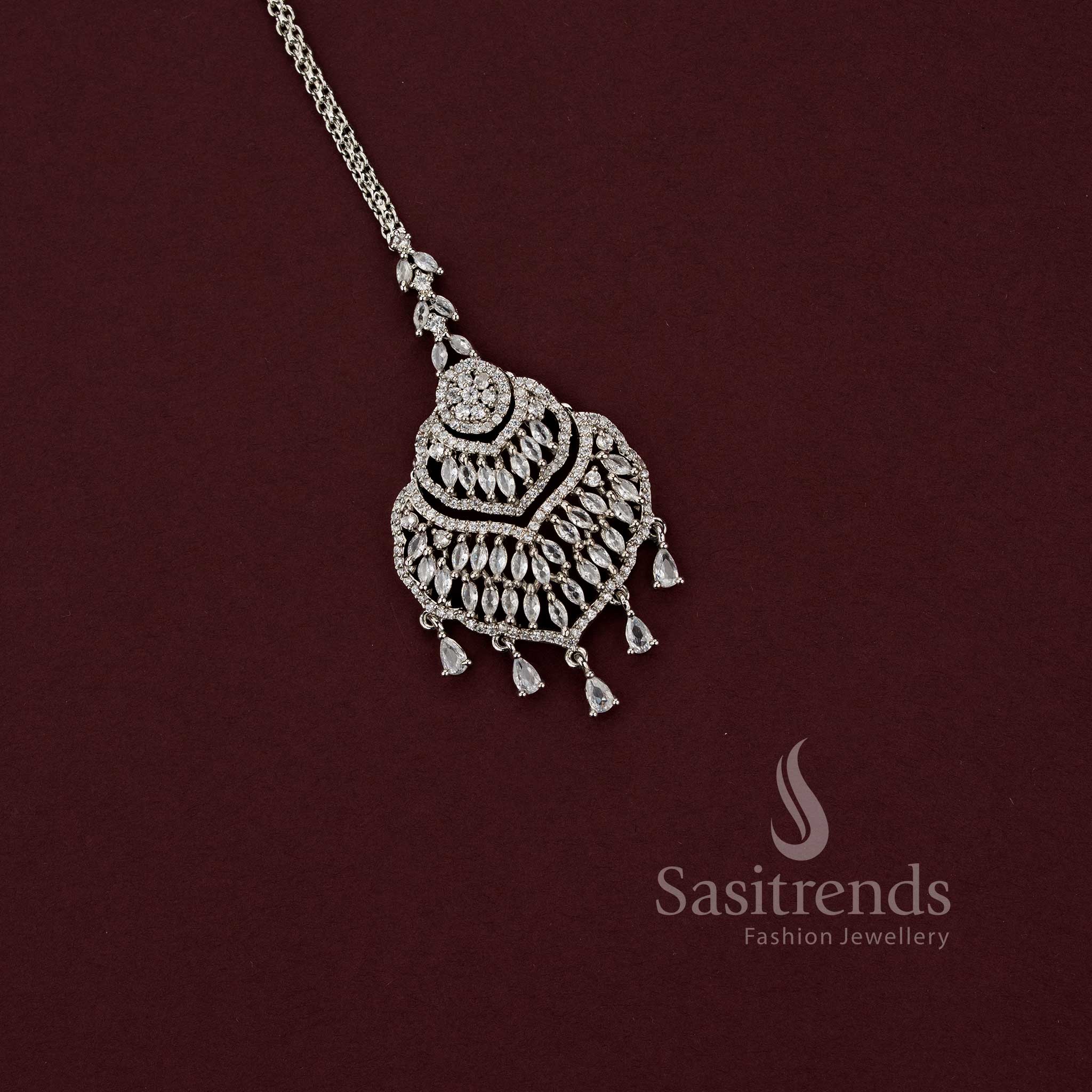 Elegant Rhodium Silver Plated American Diamond Tikka with Dangling Drops – Party Wear Design - Image 2
