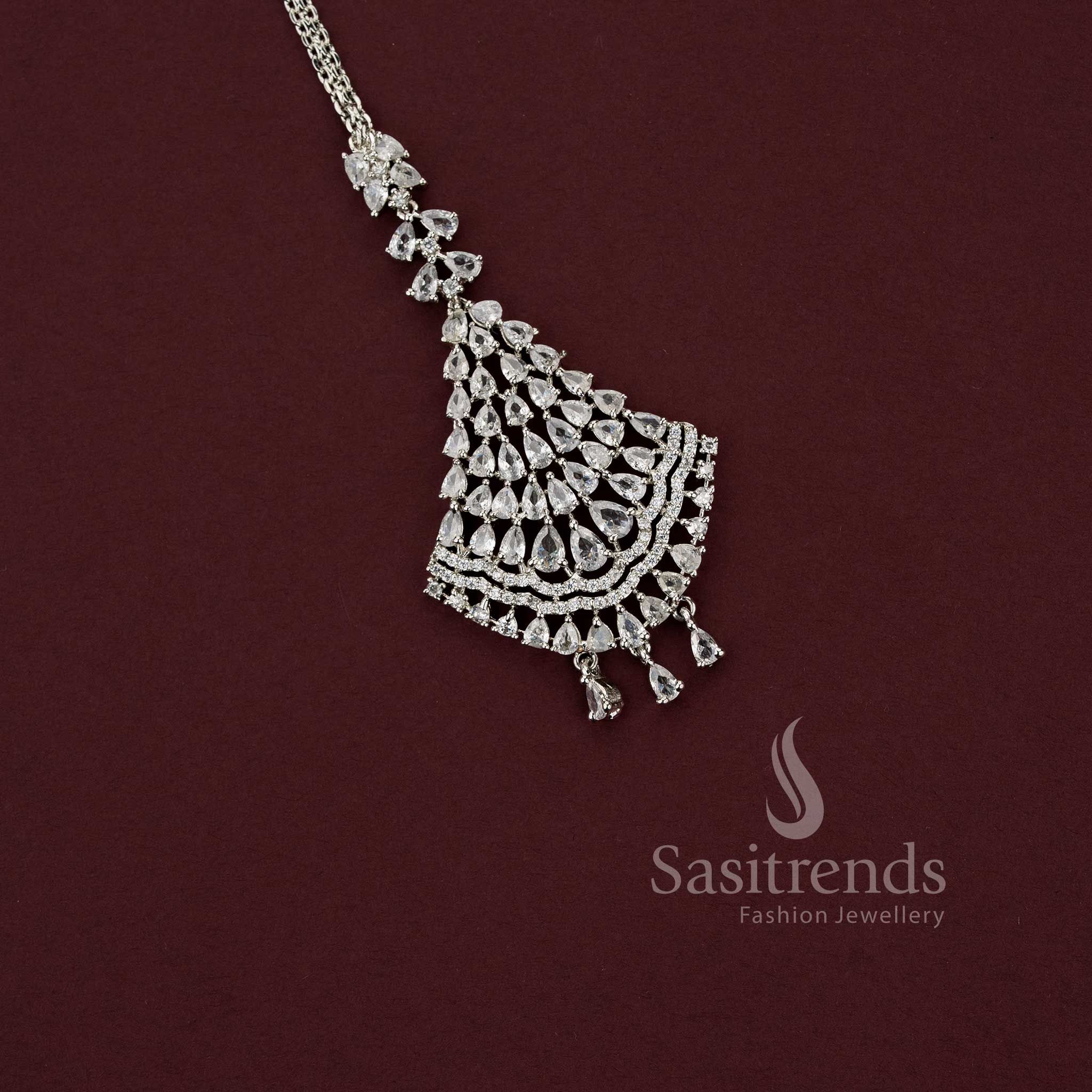 Elegant Rhodium Silver Plated American Diamond Tikka with Dangling Drops – Party Wear Design - Image 8