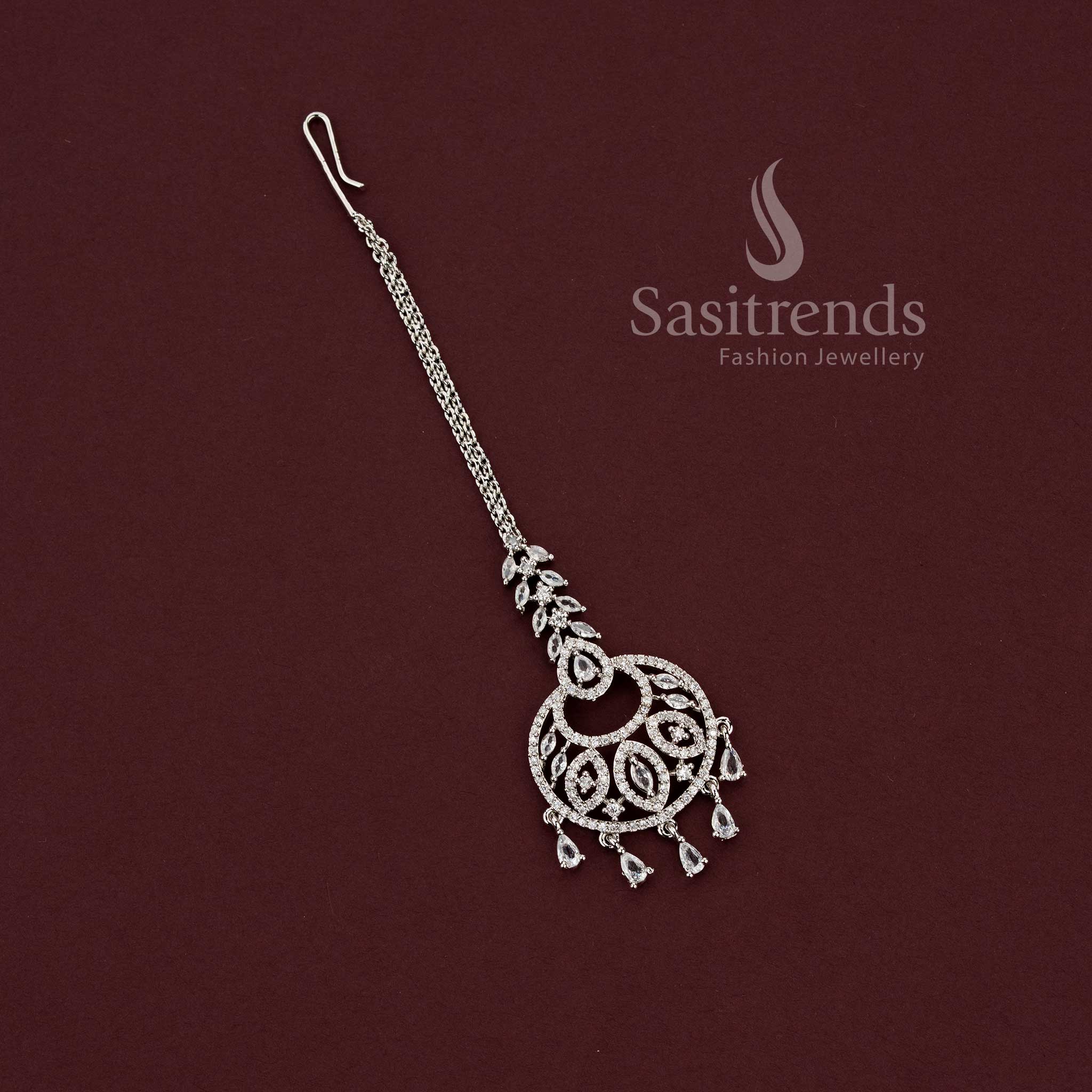 Elegant Rhodium Silver Plated American Diamond Tikka with Dangling Drops – Party Wear Design - Image 9