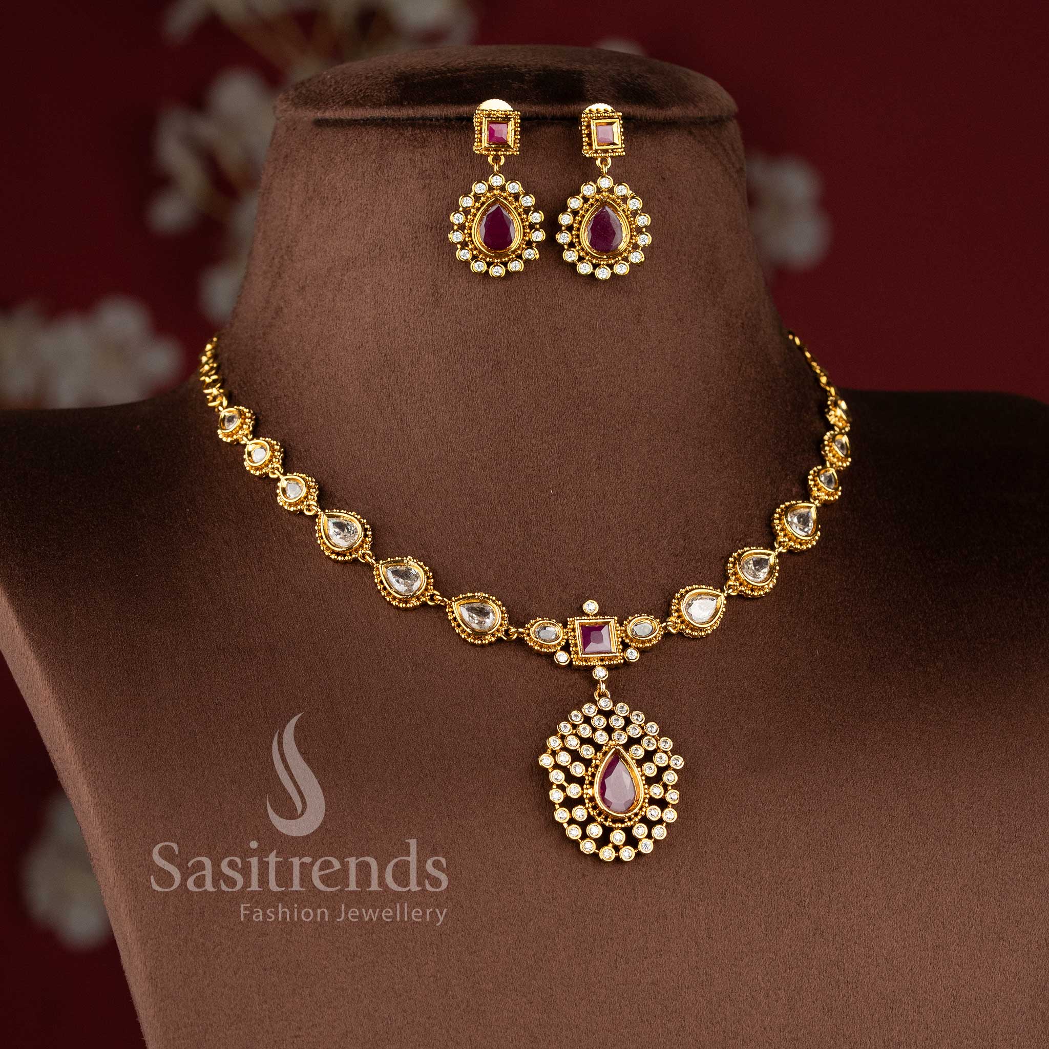 Royal Teardrop American Diamond Matte Gold Plated Necklace Set for Festive Wear - Sasitrends