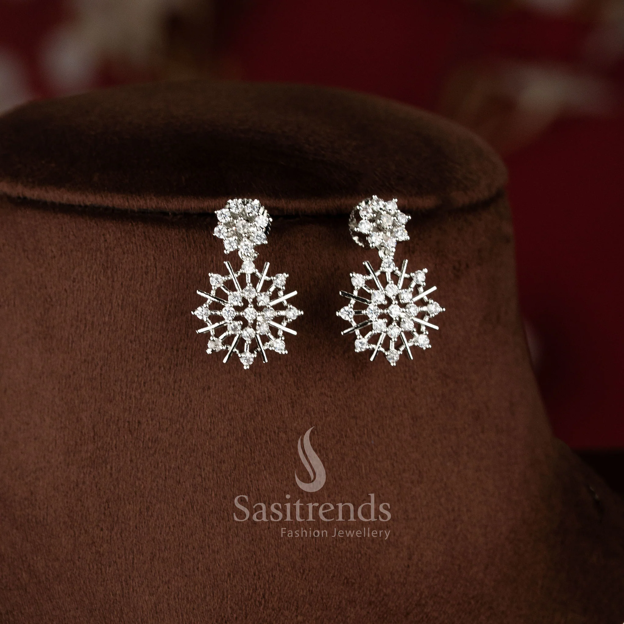 Snowflake Bloom American Diamond Rhodium Silver Plated Necklace Jewellery Set - Sasitrends - Image 4