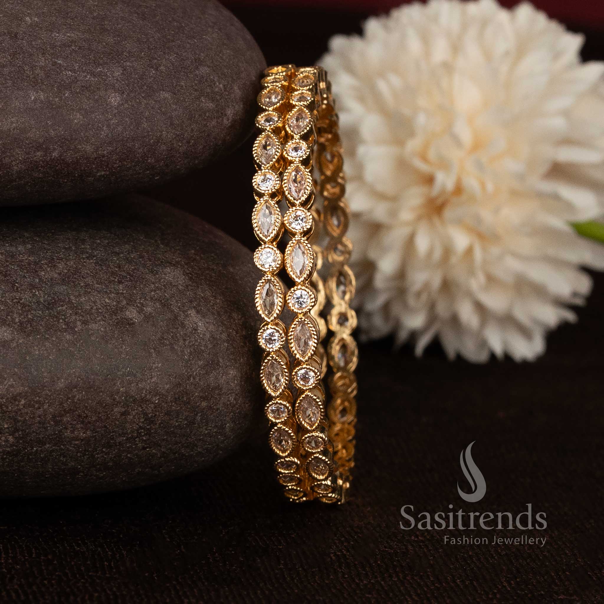 Stunning Marque Leaf Link American Diamond Micro Gold Plated Bangles for Traditional Wear - Sasitrends - Image 2