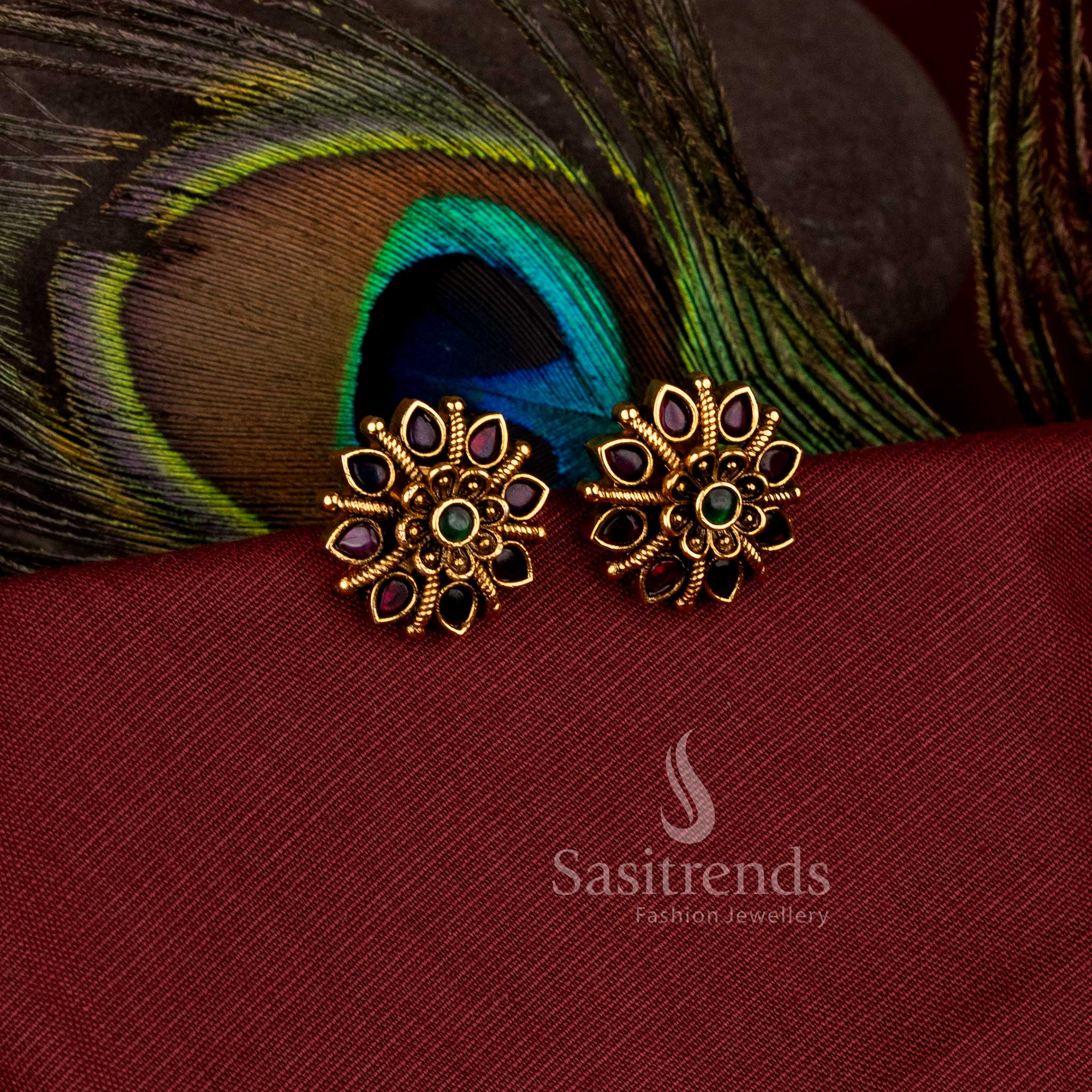 Stunning Round Flower Bloom AD Stone Matte Gold Plated Stud Earrings for Festive Wear - Sasitrends