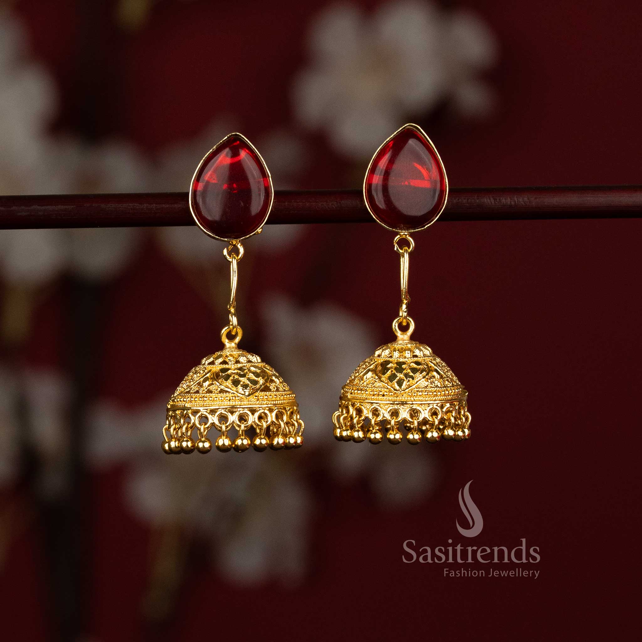 Trendy Gold Plated Pear and Round Motif Jhumka Earrings | Perfect for Party Wear Styling and Fashionable Outfits - Image 6