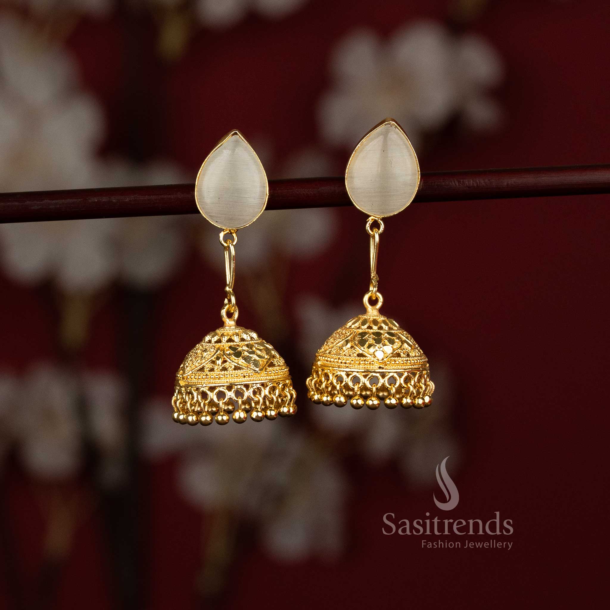 Trendy Gold Plated Pear and Round Motif Jhumka Earrings | Perfect for Party Wear Styling and Fashionable Outfits - Image 9
