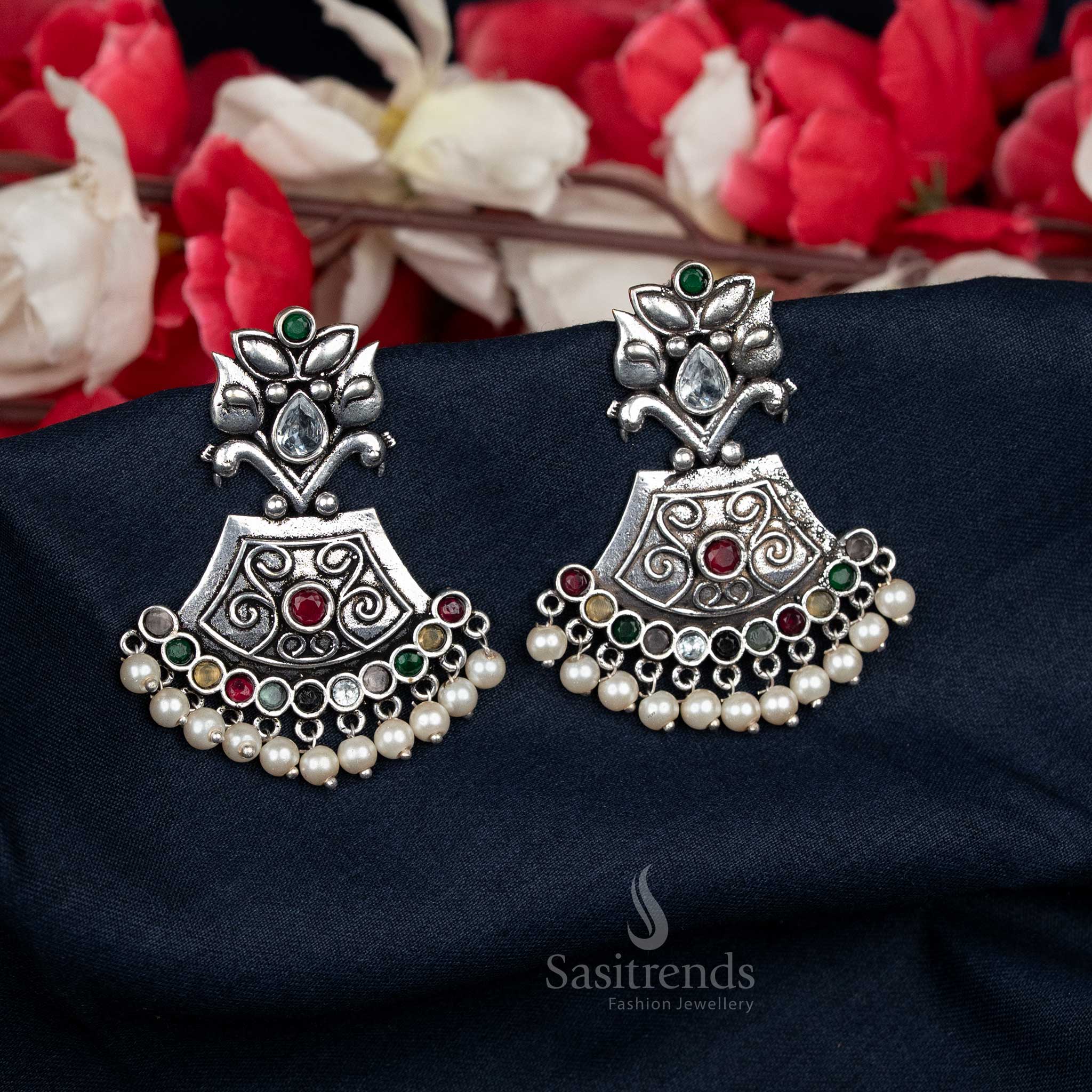 Oxidised Temple Dome Earrings with Pearl Beads β Perfect for Casual Wear Outfits - Sasitrends - Image 4