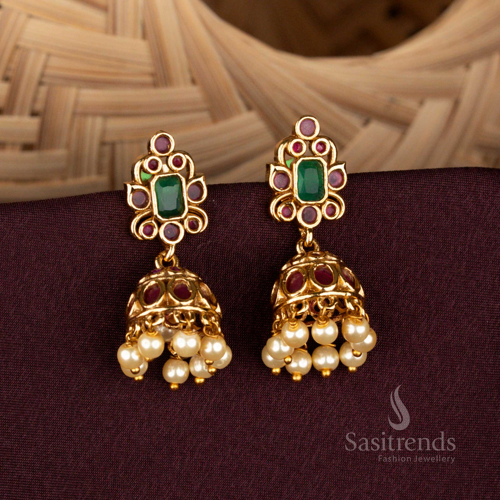 Traditional Wear Premium Temple Matte Gold Plated AD Stone Pearl Jhumka Earrings