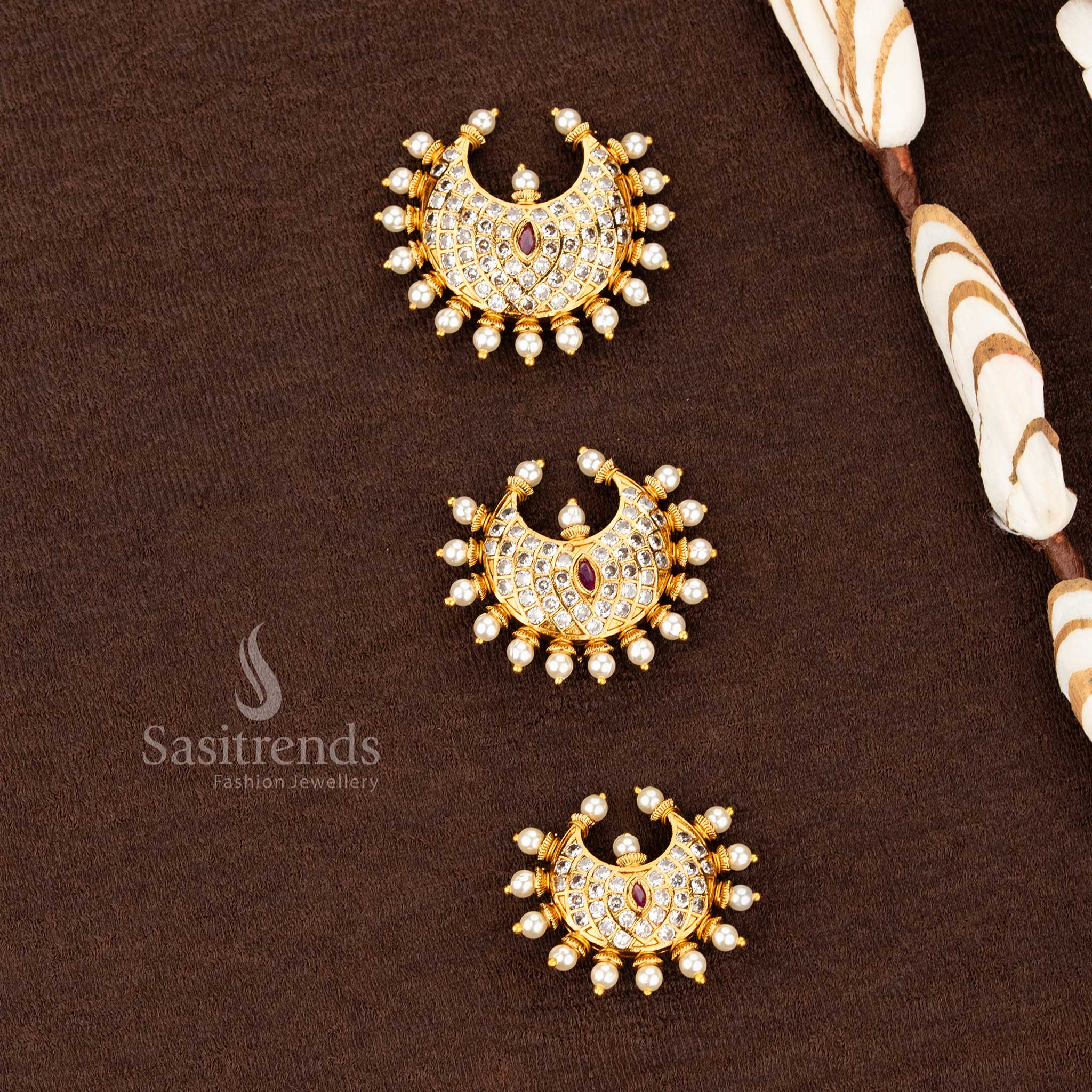 Majestic Temple Matte Gold Plated AD Stone Crescent Floral Jadai Billai with Layered Circular Structure and Pearl Drop Border for Festive & Wedding Wear