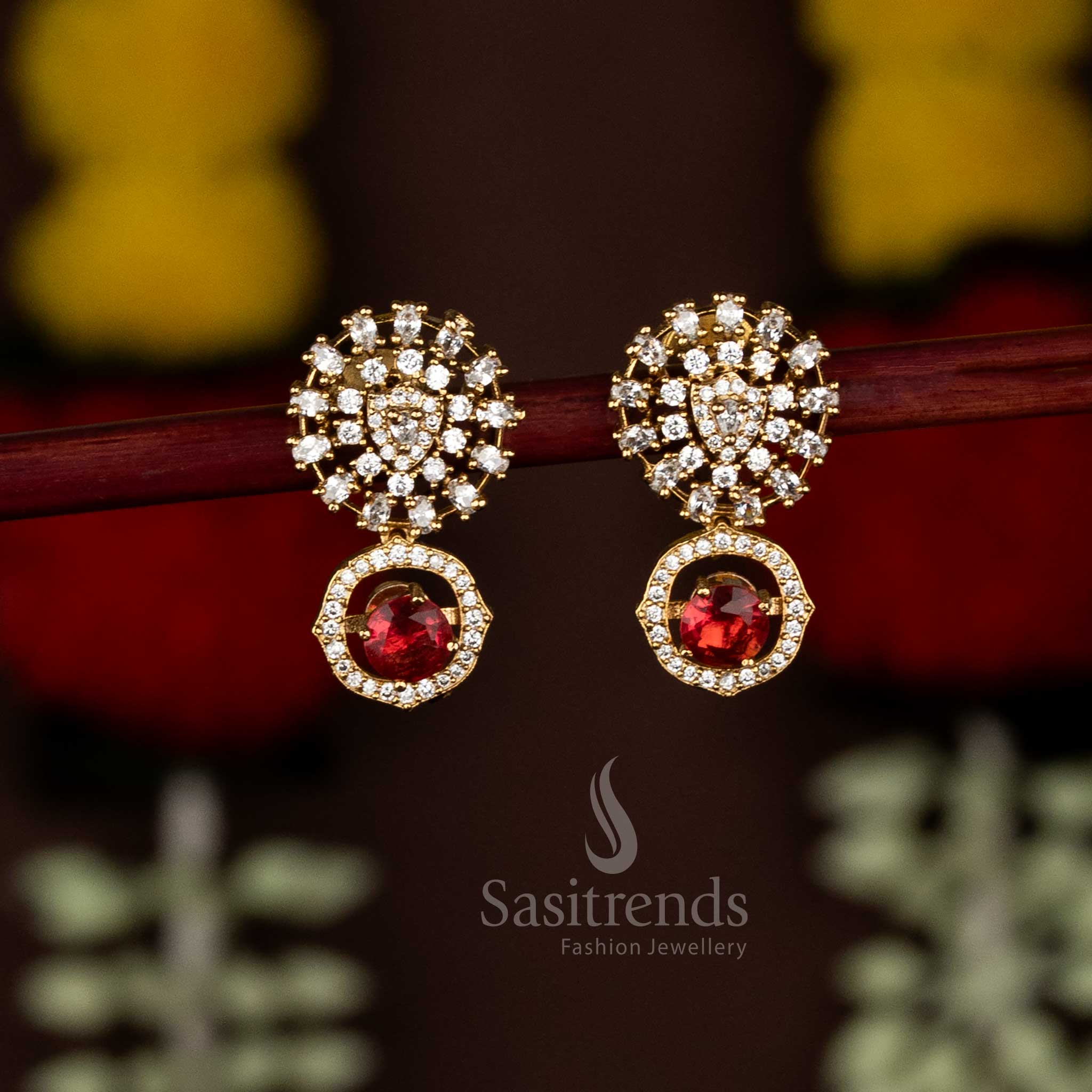 Sparkling American Diamond Matte Gold Plated Peacock and Crescent Floral Changeable Stone Earrings - Image 2