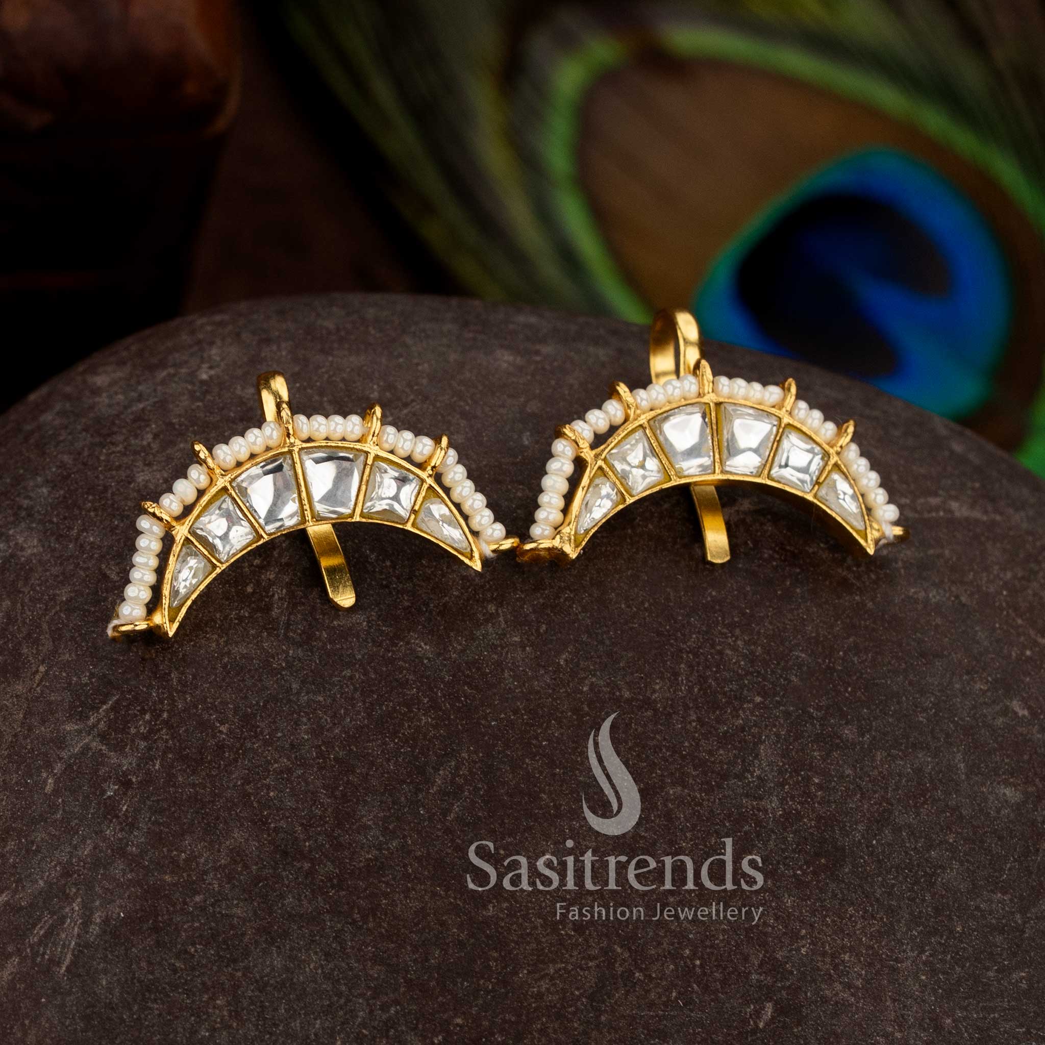 Vibrant 24K Jadau Gold Plated Kundan Arc Ear Cuff Earrings with Pearl Border for Festive wear - Image 3