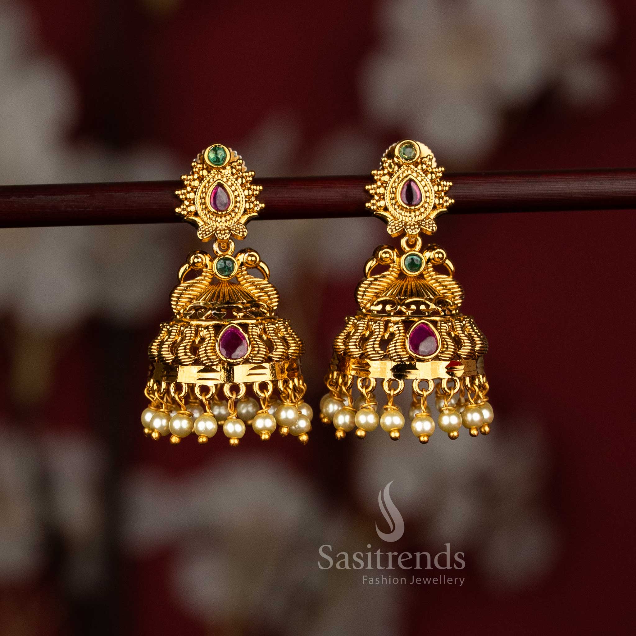 Collection of Temple Matte Gold Plated Jhumka Earrings | Textured Diamond with Filigree Dome & Lakshmi Peacock Motif Pearl and Floral Jhumka with Pearls for Bridal Wedding and Festive Wear - Image 6