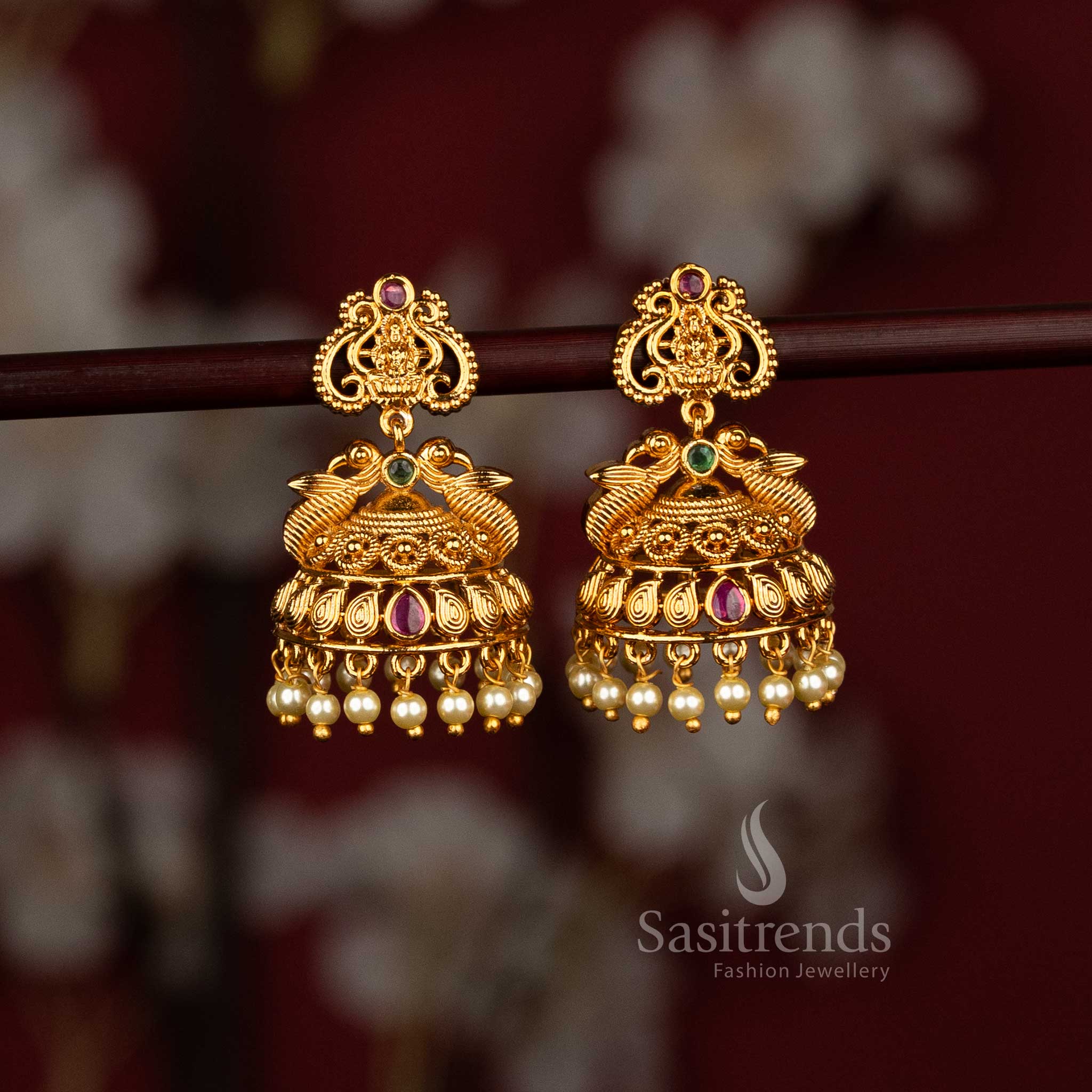 Collection of Temple Matte Gold Plated Jhumka Earrings | Textured Diamond with Filigree Dome & Lakshmi Peacock Motif Pearl and Floral Jhumka with Pearls for Bridal Wedding and Festive Wear - Image 8