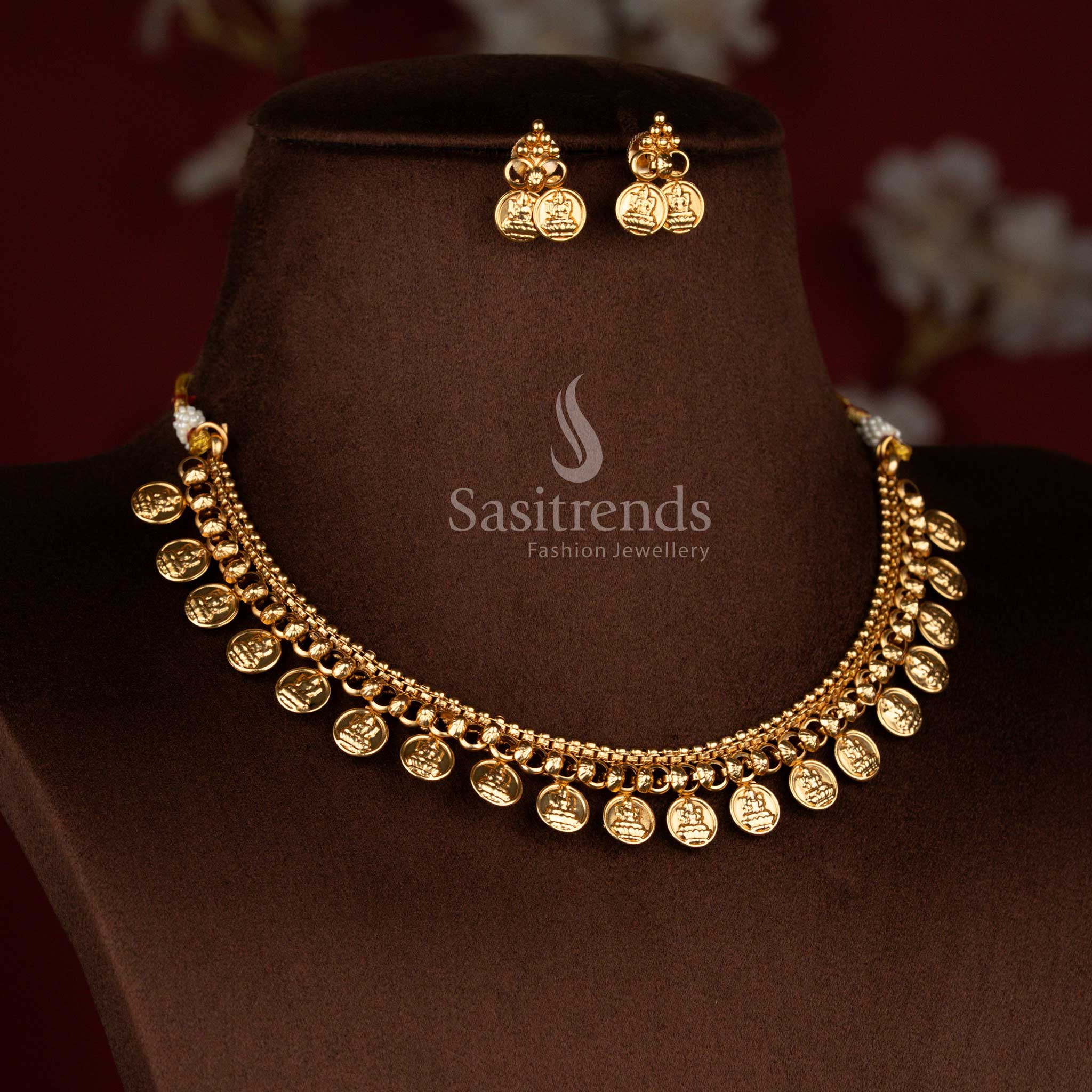 Affordable Classic Matte Gold Plated Lakshmi Coin Layered Structured Temple Necklace Jewellery Set | Traditional Jewellery