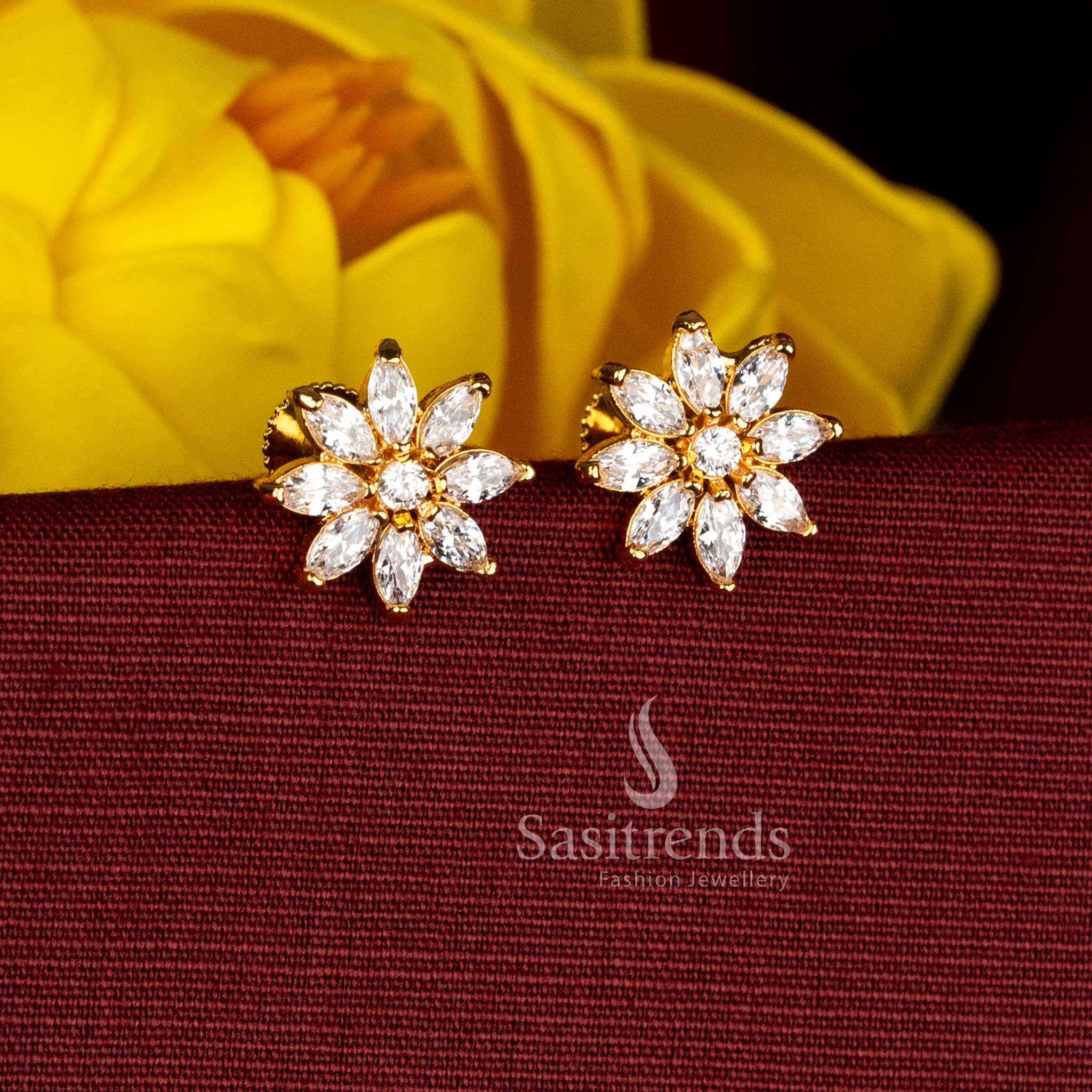 Lovely 24K Micro Gold Plated AD Stone Floral Stud Earrings with Petal-Shaped Cluster Structure | Guaranteed Real Gold Look - Image 2
