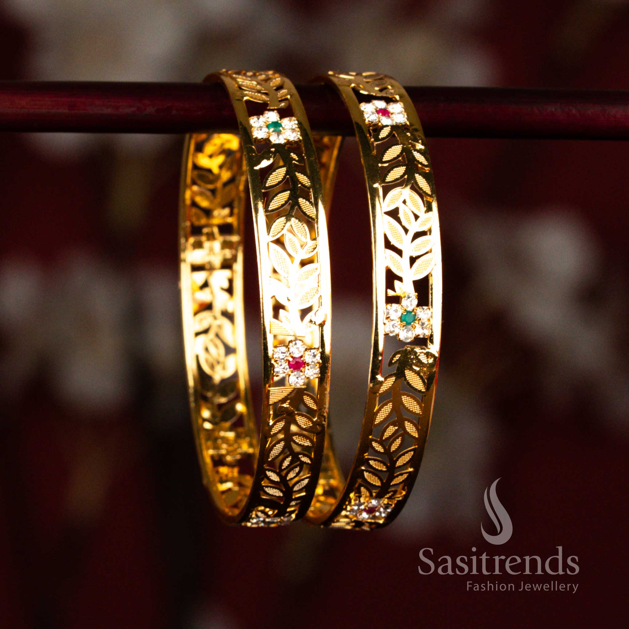 Exquisite Micro Gold Plated AD Stone Floral Engraved Leaf Cutwork Designer Bangles | Guaranteed One Gram Real Gold Look