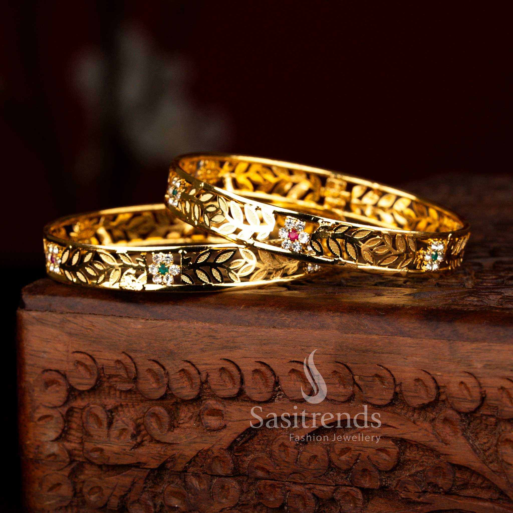 Exquisite Micro Gold Plated AD Stone Floral Engraved Leaf Cutwork Designer Bangles | Guaranteed One Gram Real Gold Look - Image 2