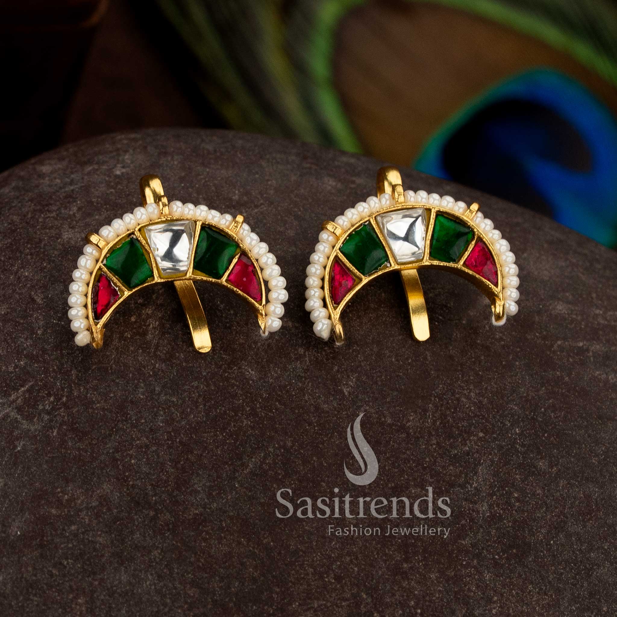 Stunning Attractive 24K Jadau Gold Plated Kundan Stone Crescent Ear Cuff Earrings with Pearl Border - Image 4