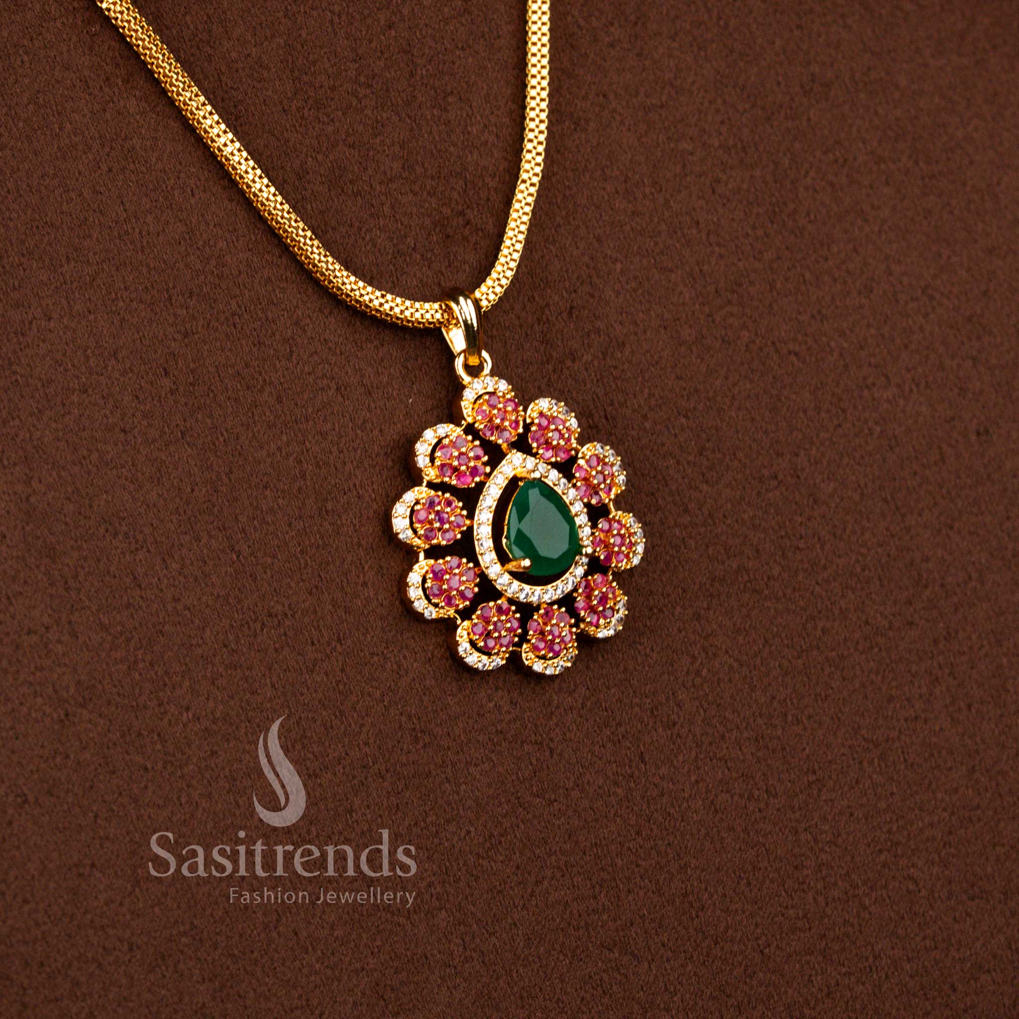 Guaranteed 24K Micro Gold Plated AD Stone Floral Cluster Pendant Chain Necklace with Teardrop Centre Structure | Real Gold Look 1 Gram Jewellery - Image 2