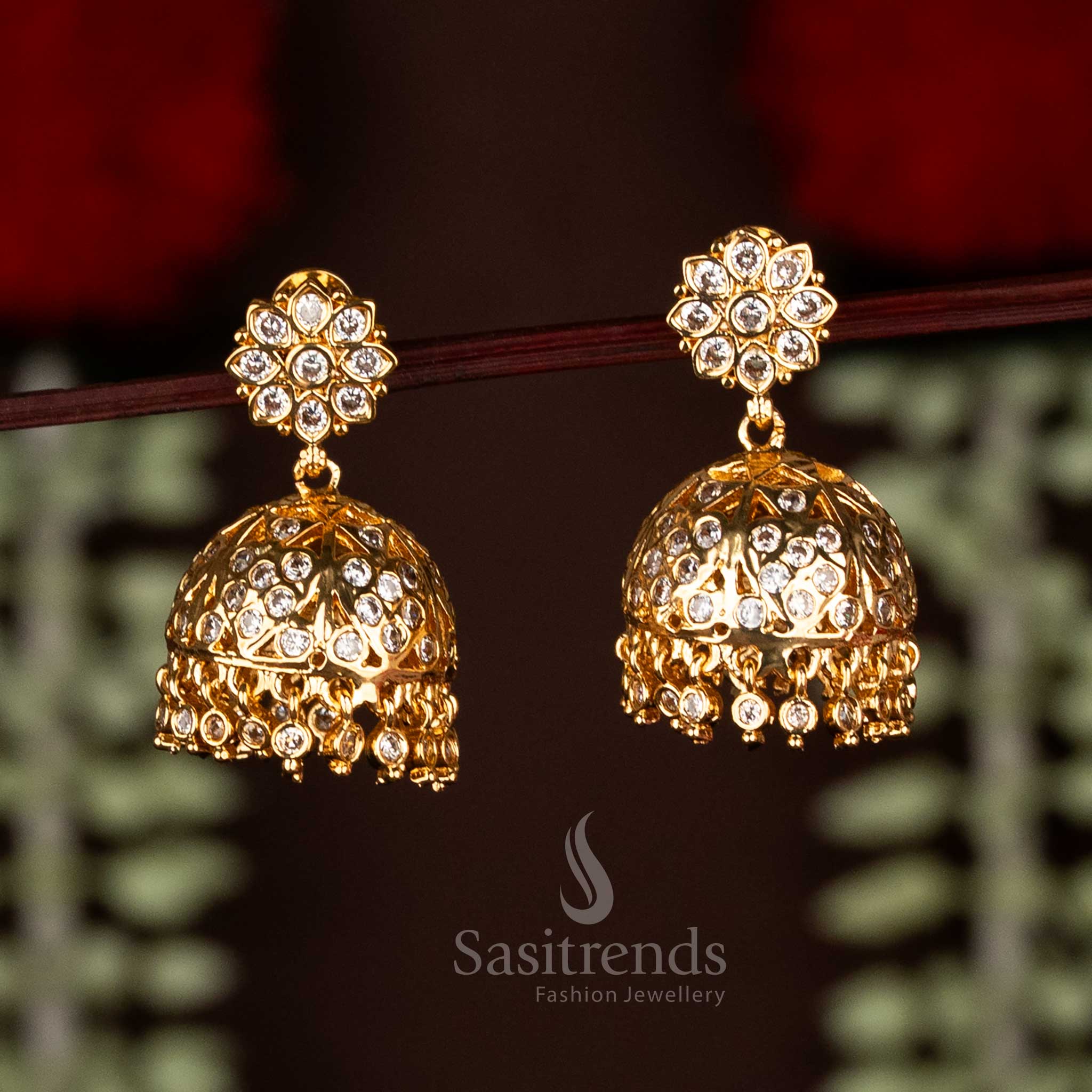 Guaranteed Impon Addigai 24K Micro Gold Plated AD Stone Floral Jhumka Earrings - Image 2