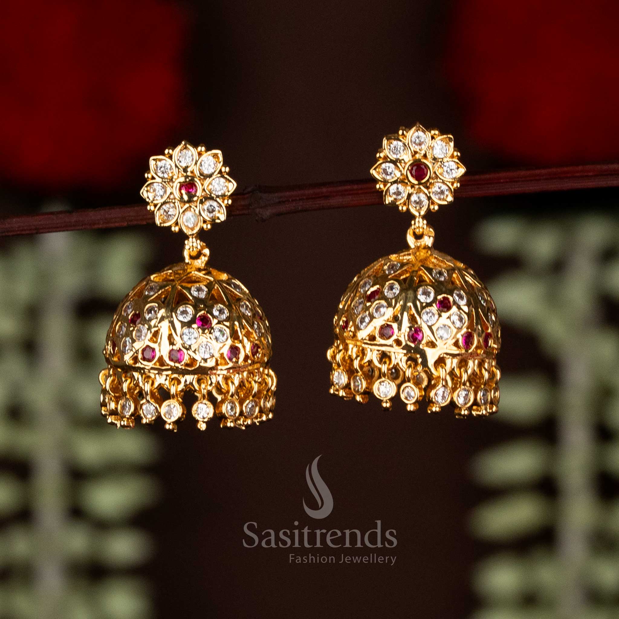 Guaranteed Impon Addigai 24K Micro Gold Plated AD Stone Floral Jhumka Earrings - Image 3