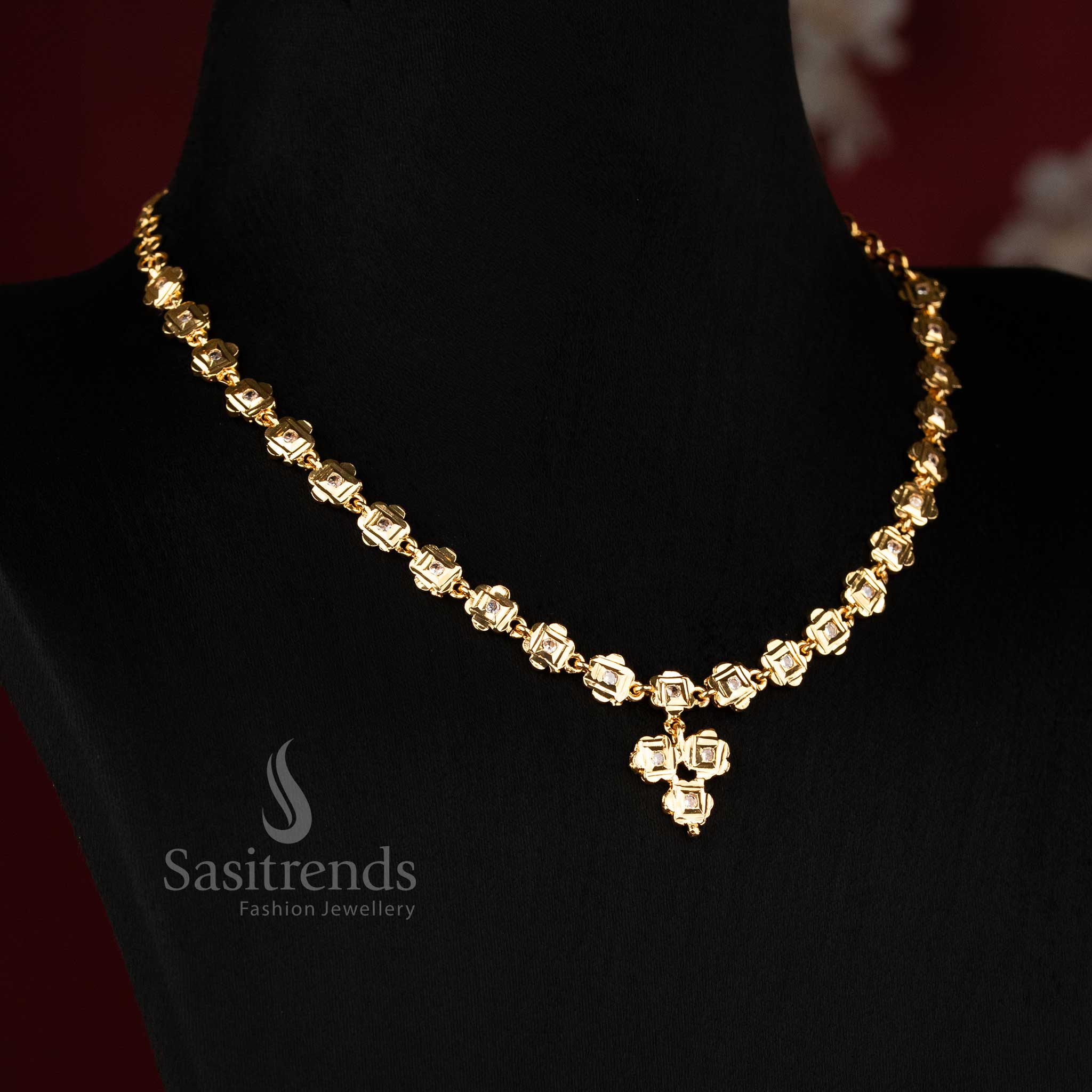 Premium Festive Wear Impon One Gram Micro Gold Plated Square Motif AD Stone Chain with Cross Pendant Necklace | Real Gold Look Alike Jewellery