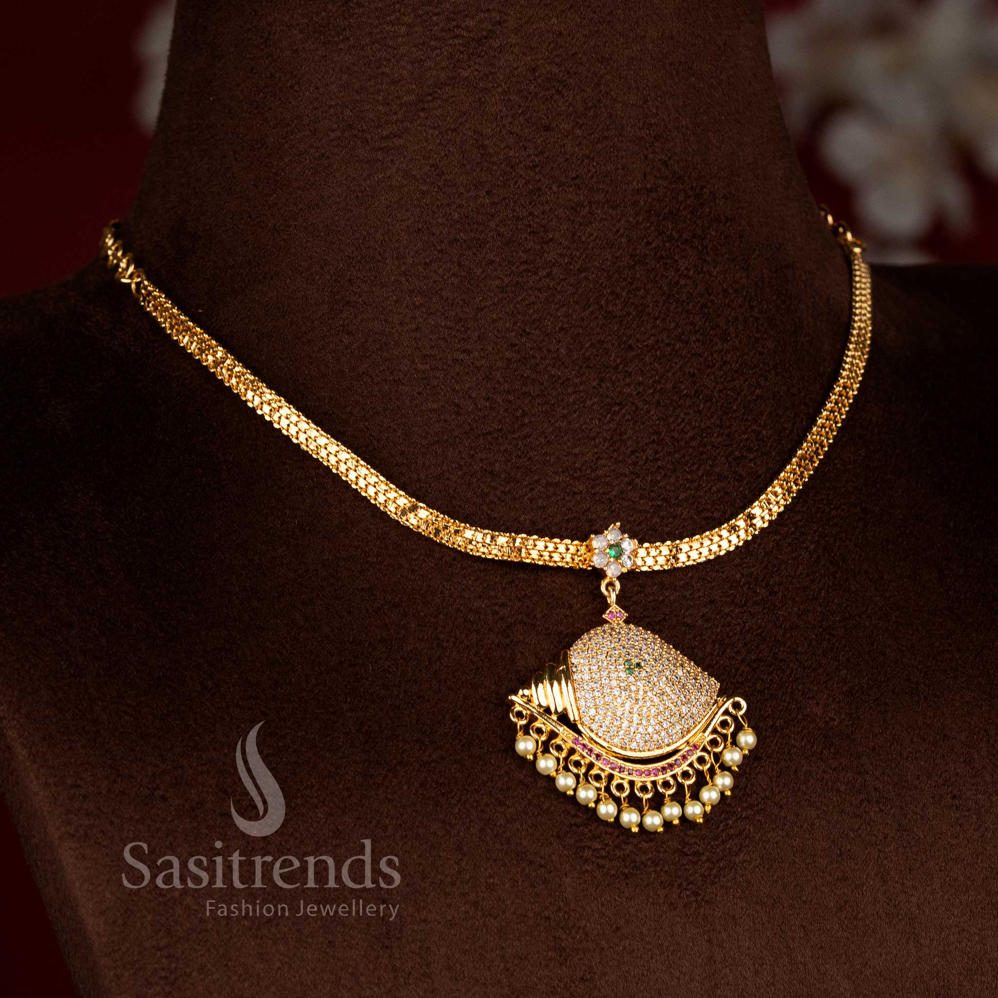 Guaranteed Traditional Vishnu Sangu Design Impon Attigai Micro Gold Plated AD Stone Necklace | Look Like Real Gold - Image 3