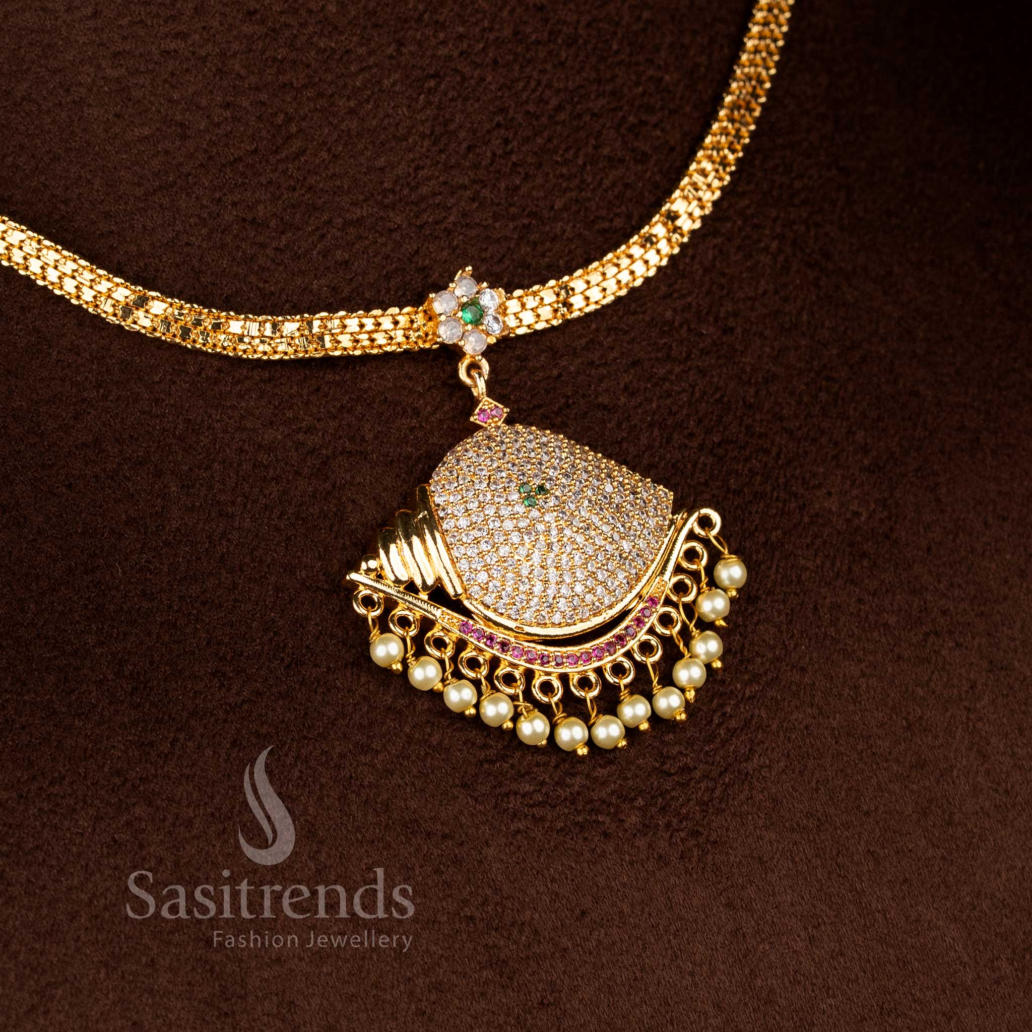 Guaranteed Traditional Vishnu Sangu Design Impon Attigai Micro Gold Plated AD Stone Necklace | Look Like Real Gold - Image 4