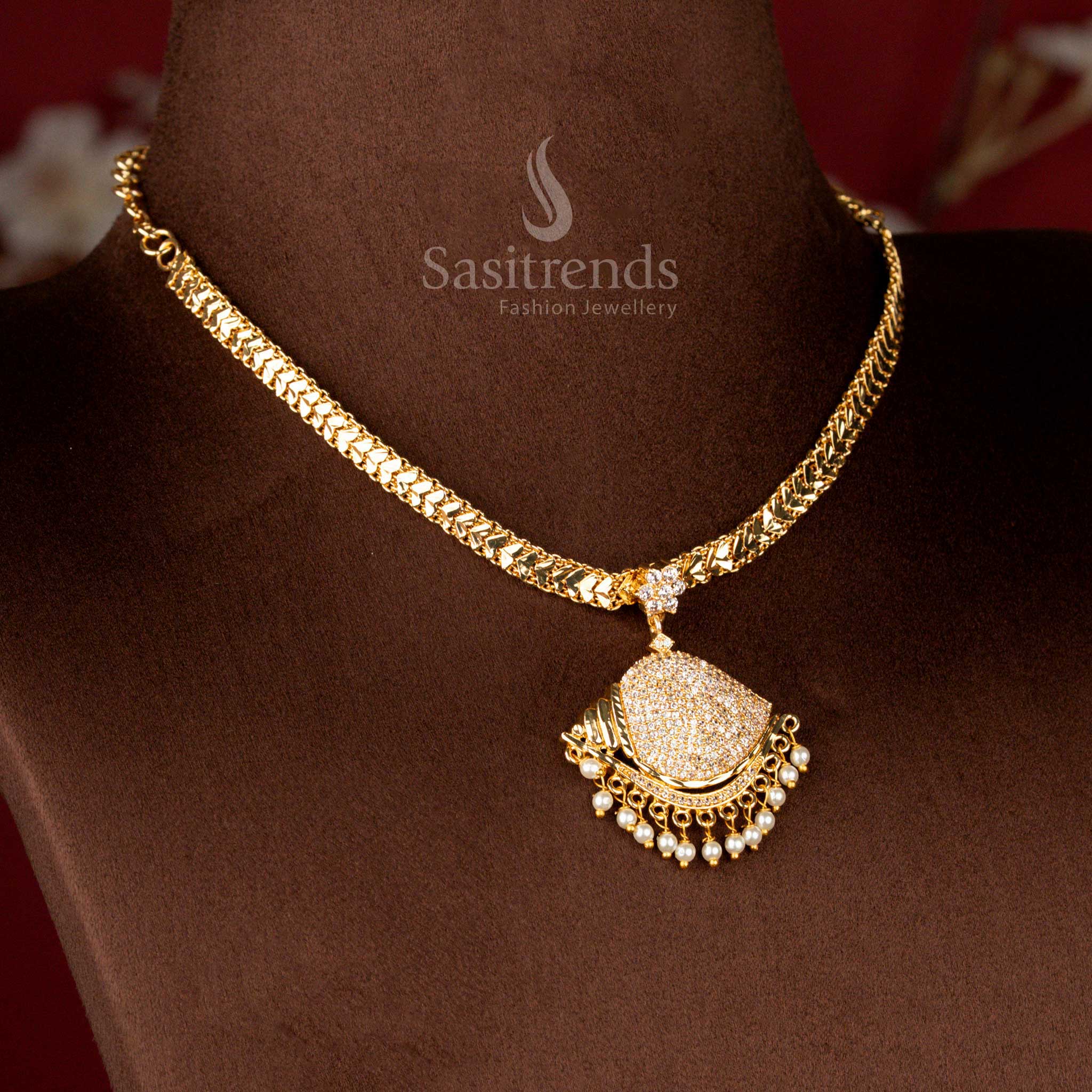 Guaranteed Traditional Vishnu Sangu Design Impon Attigai Micro Gold Plated AD Stone Necklace | Look Like Real Gold - Image 5