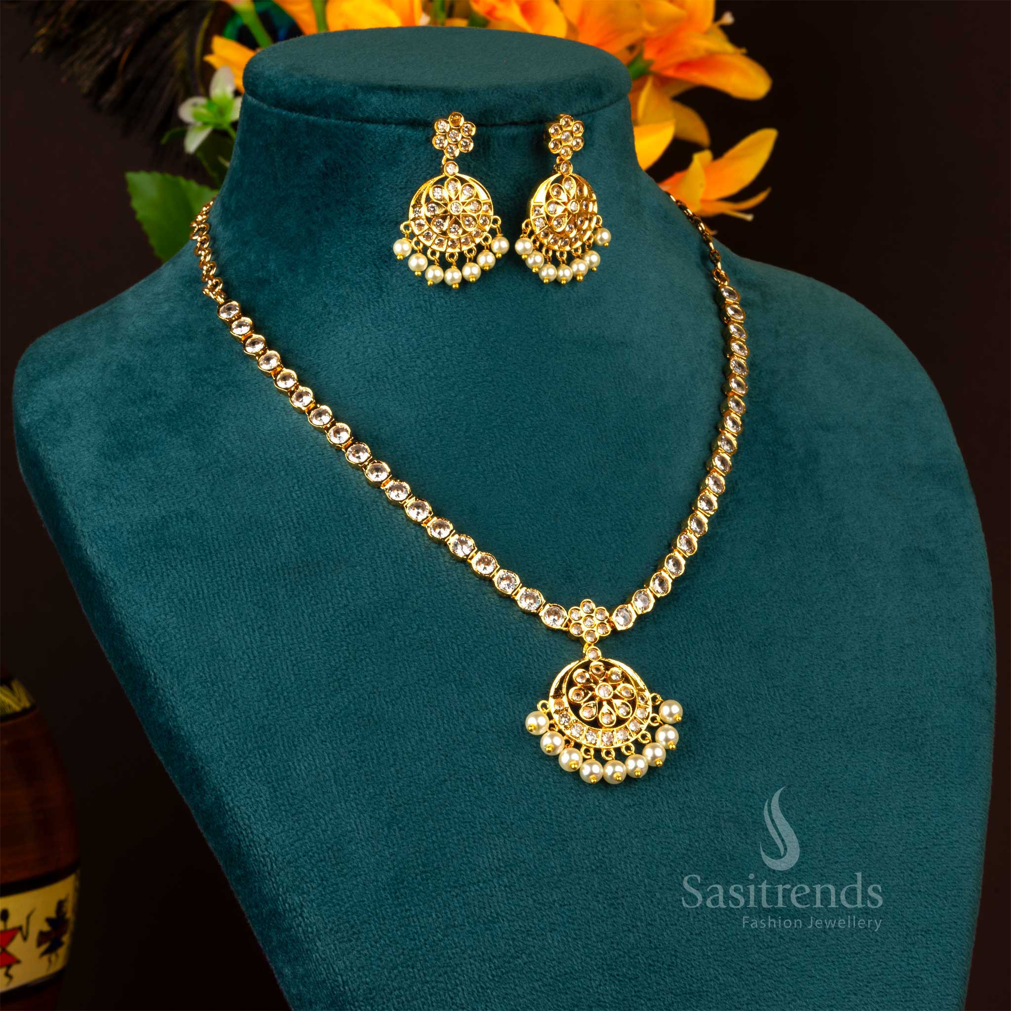 Sasitrends - 1 Gram Micro Gold Plated Attigai Necklace Jewellery Set with Pearl Hangings - Image 3