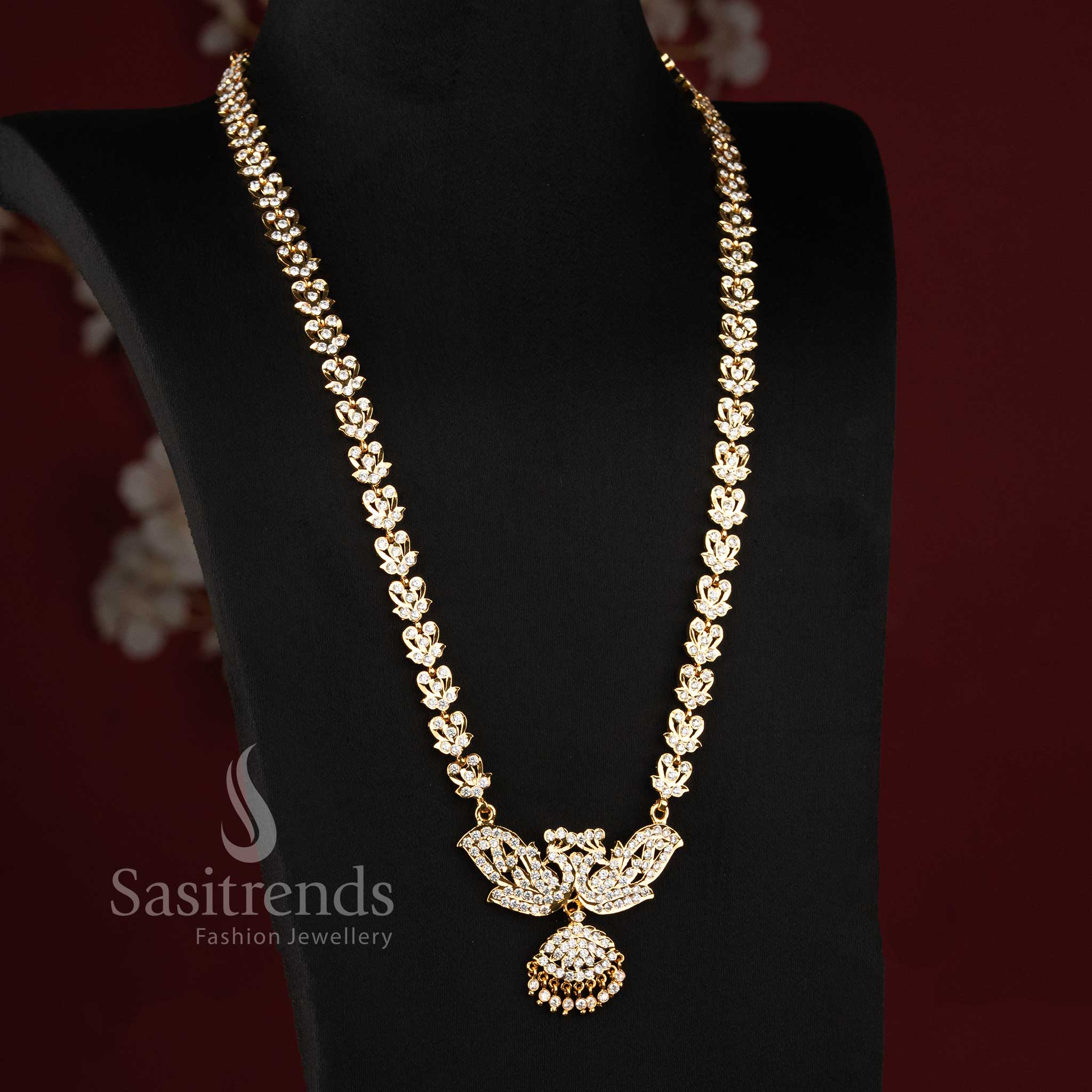 Traditional Micro Gold Plated Handmade Impon Gati Long Haram Dual Peacock Pendant AD Necklace Jewellery - Sasitrends - Image 2