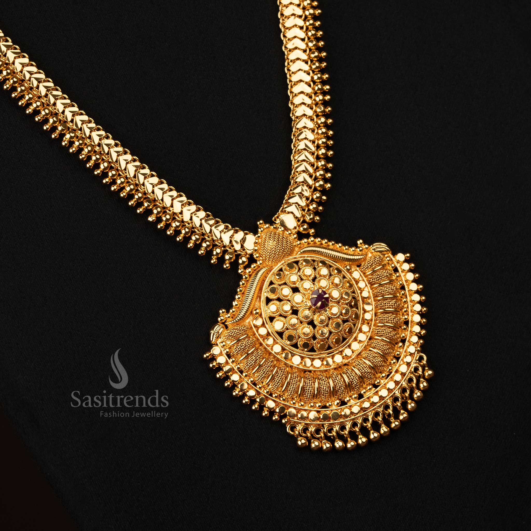 Traditional Elegance Micro Gold Plated Long Necklace with Ruby AD Stone - Sasitrends - Image 2