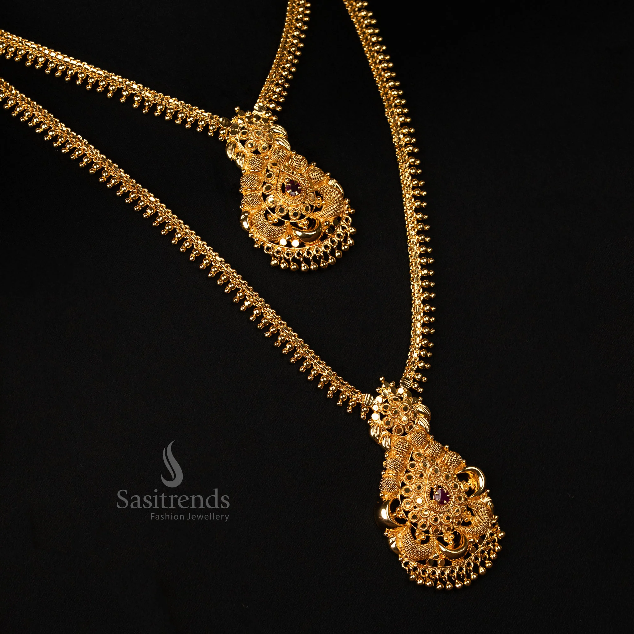 Traditional Temple-Inspired Micro Gold Plated Combo Necklace with American Diamond - Sasitrends - Image 2