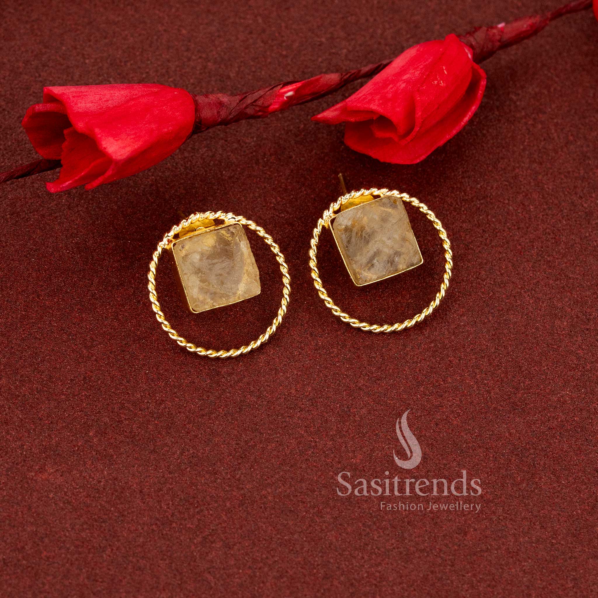 Beautiful Natural Stones of Trendy Gold Plated Rope-Twisted Square, Round, Pear, Oval Stud Earrings for Girls | Office, College & Daily Wear - Image 11
