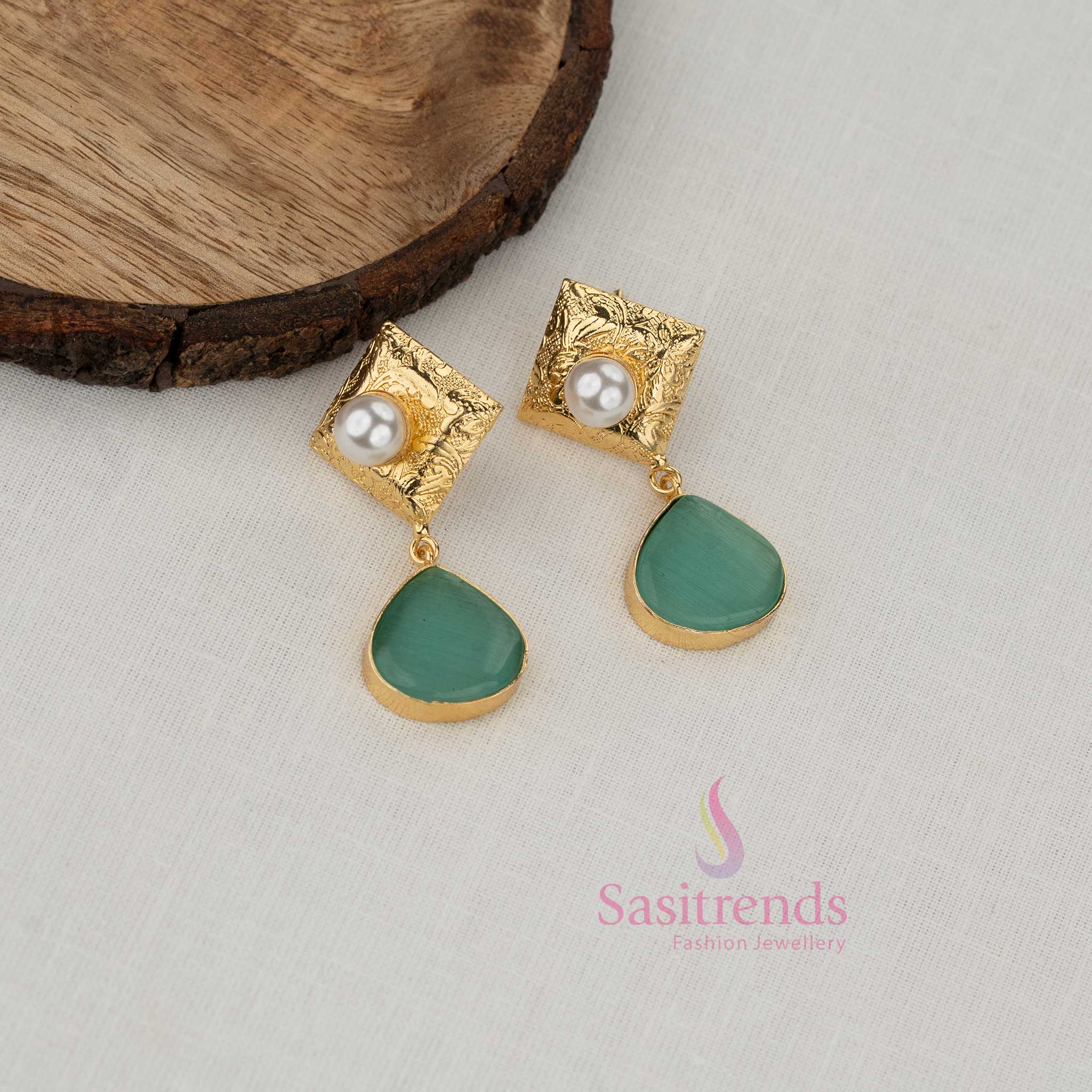 Trendy Gold Plated Statement Earrings for Girls with Textured Square Stud, Pearl Accent & Sculpted Drop Design |  Perfect For Festive Celebrations & Cultural Events - Image 2