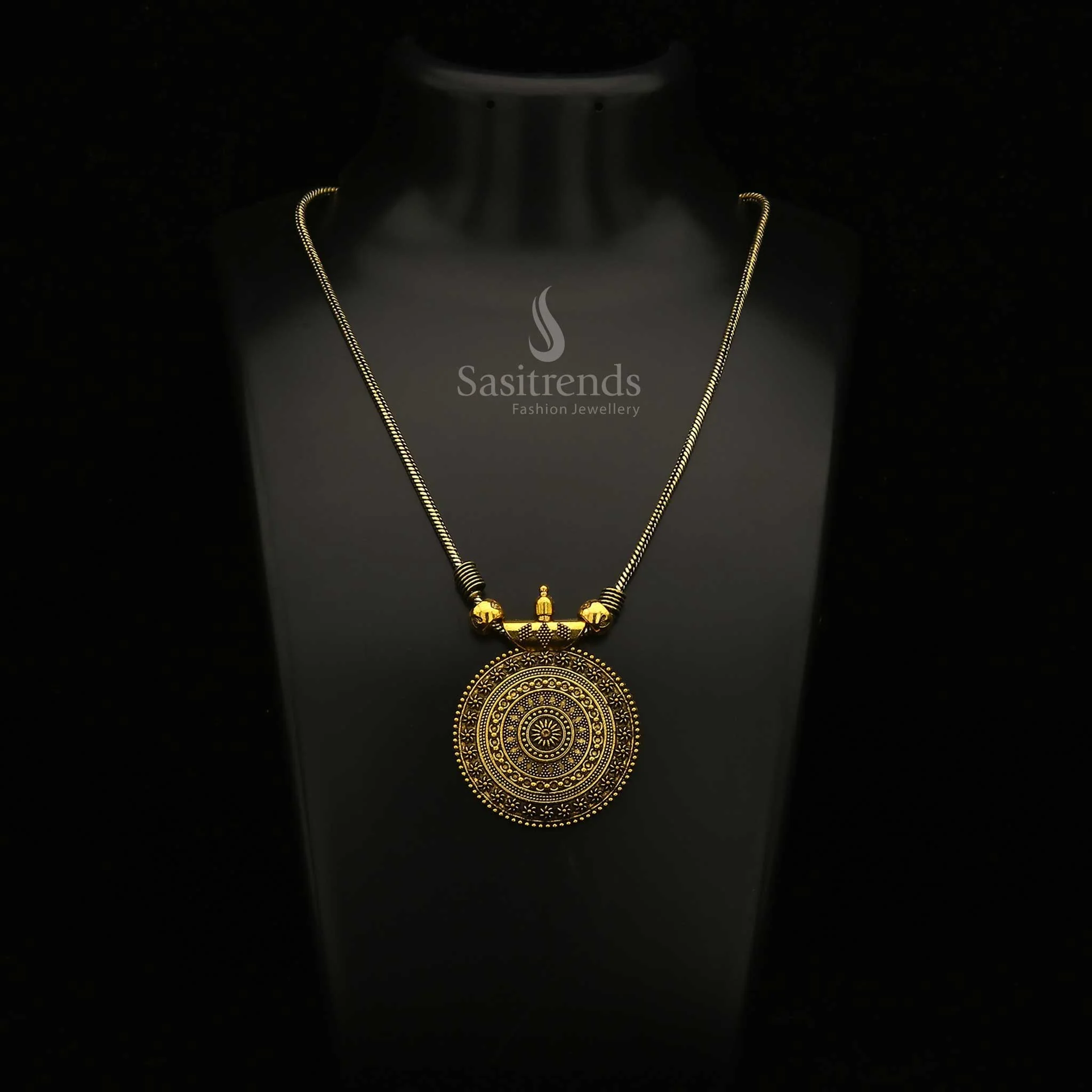 Roopasi Small Chakra Pendant Chain Necklace in Oxidised Silver and Antique Gold - Image 3
