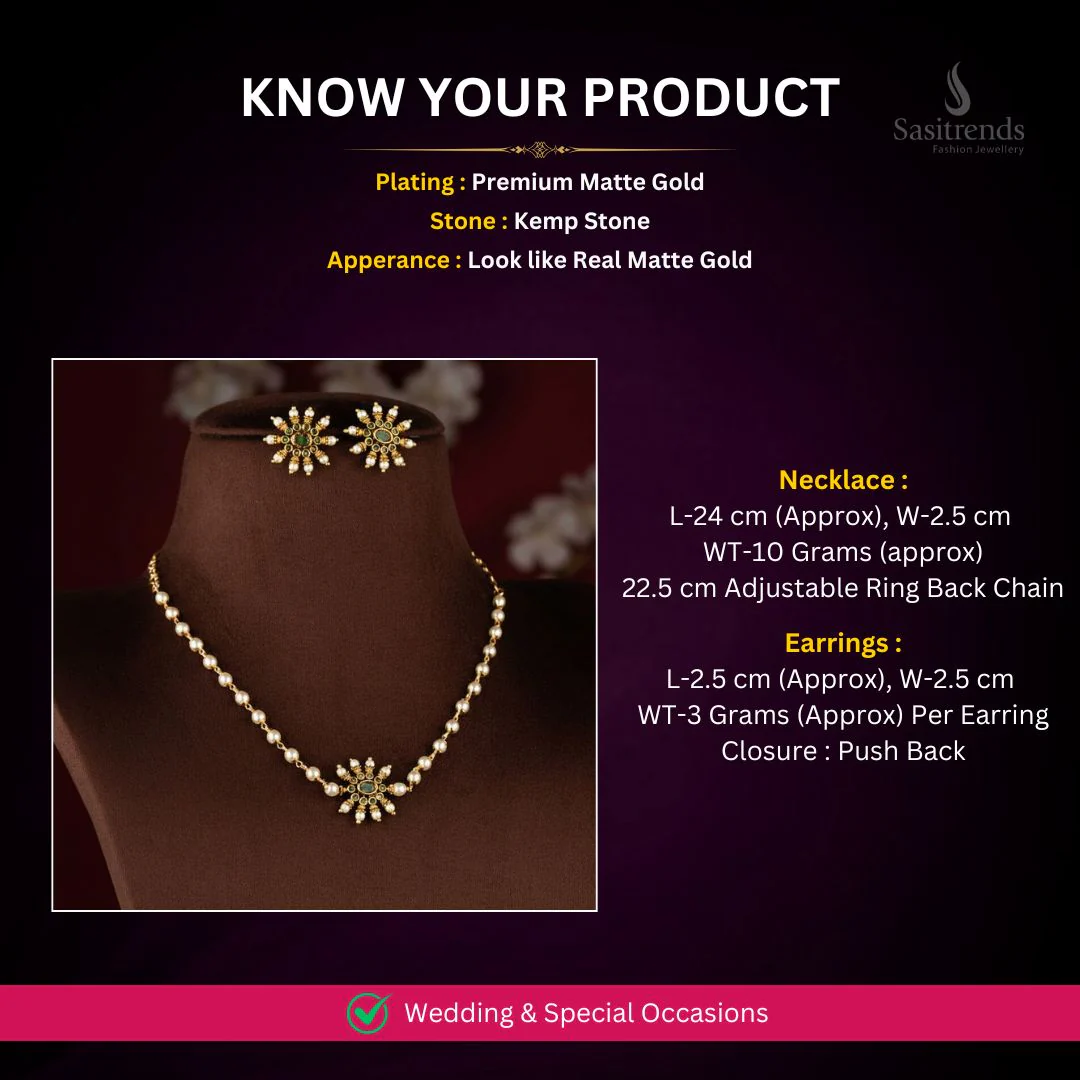 Premium Quality Temple Matte Gold Plated Floral Pearl Choker Necklace Jewellery Set with Kemp Stones & Jhumkas | Sasitrends - Image 3