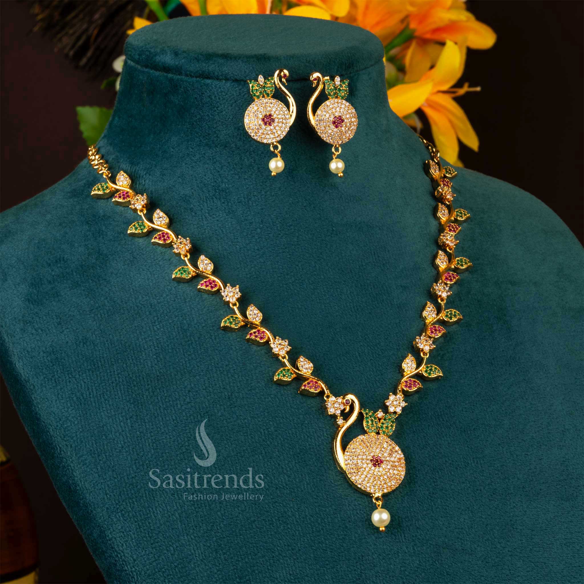 Elegant Micro Gold Plated Peacock Pendant Necklace Jewellery Set with Pearl Drop -Sasitrends - Image 10