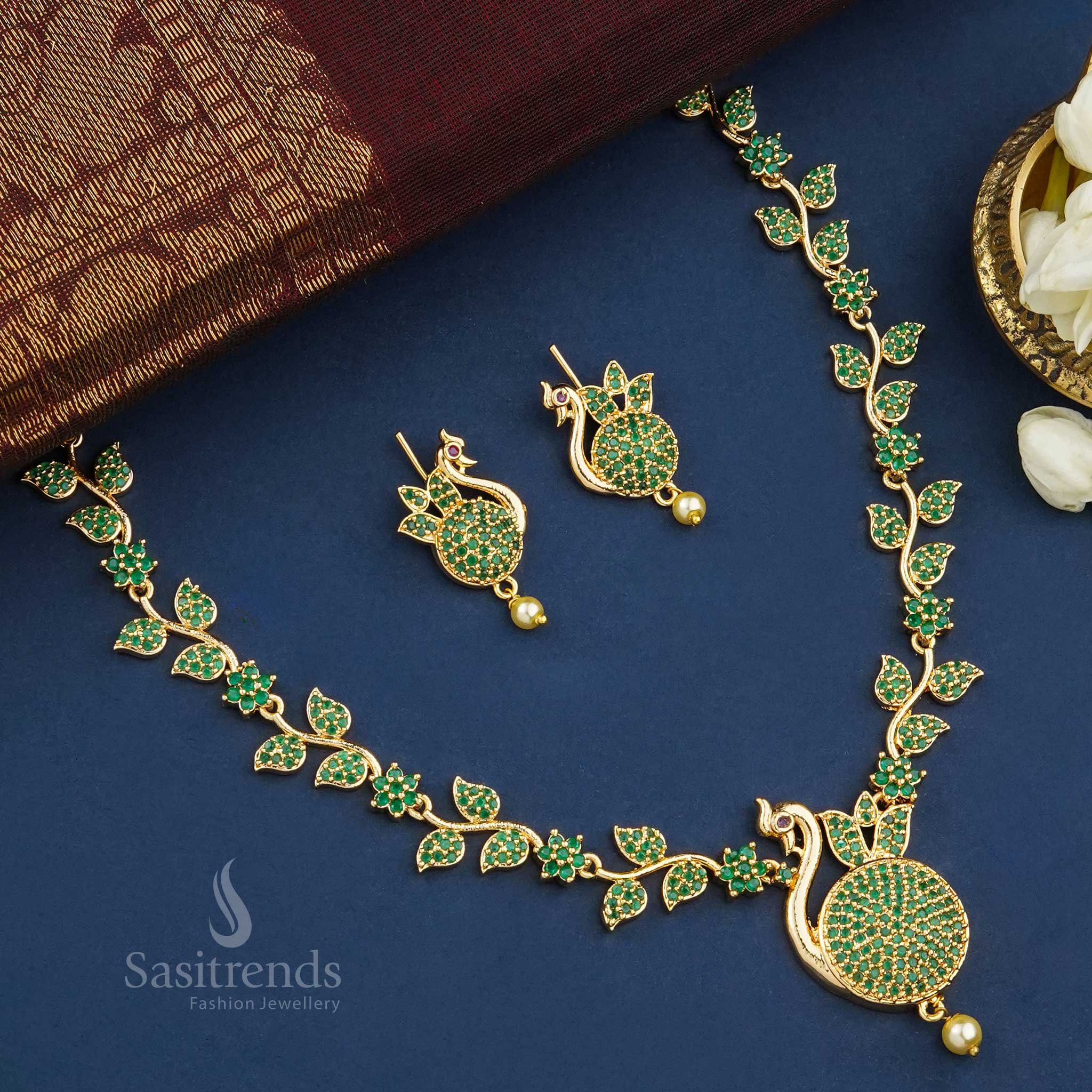 Elegant Micro Gold Plated Peacock Pendant Necklace Jewellery Set with Pearl Drop -Sasitrends - Image 11