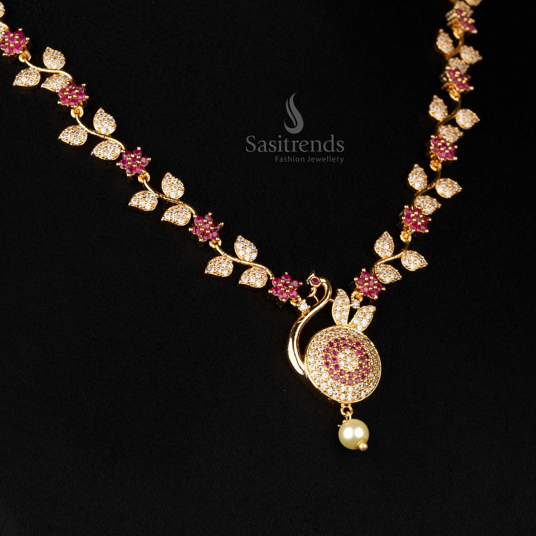 Elegant Micro Gold Plated Peacock Pendant Necklace Jewellery Set with Pearl Drop -Sasitrends - Image 3