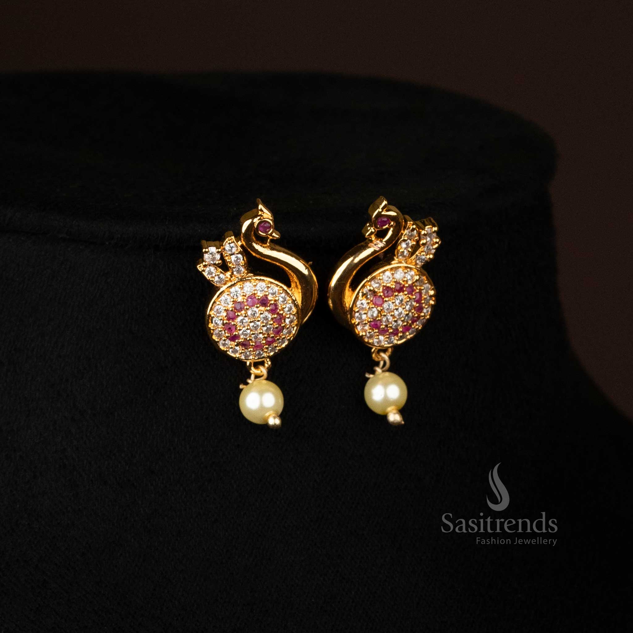 Elegant Micro Gold Plated Peacock Pendant Necklace Jewellery Set with Pearl Drop -Sasitrends - Image 4
