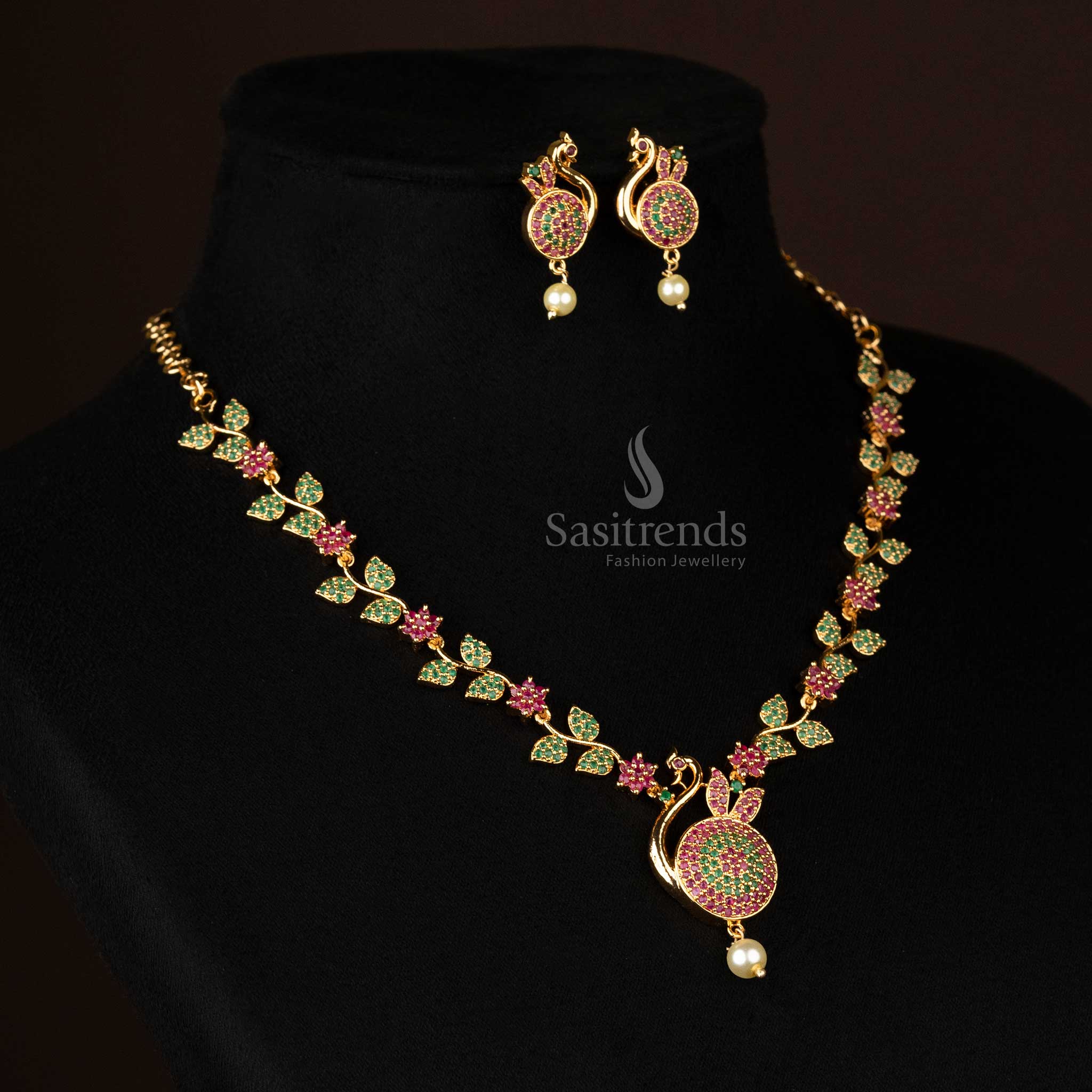 Elegant Micro Gold Plated Peacock Pendant Necklace Jewellery Set with Pearl Drop -Sasitrends - Image 5
